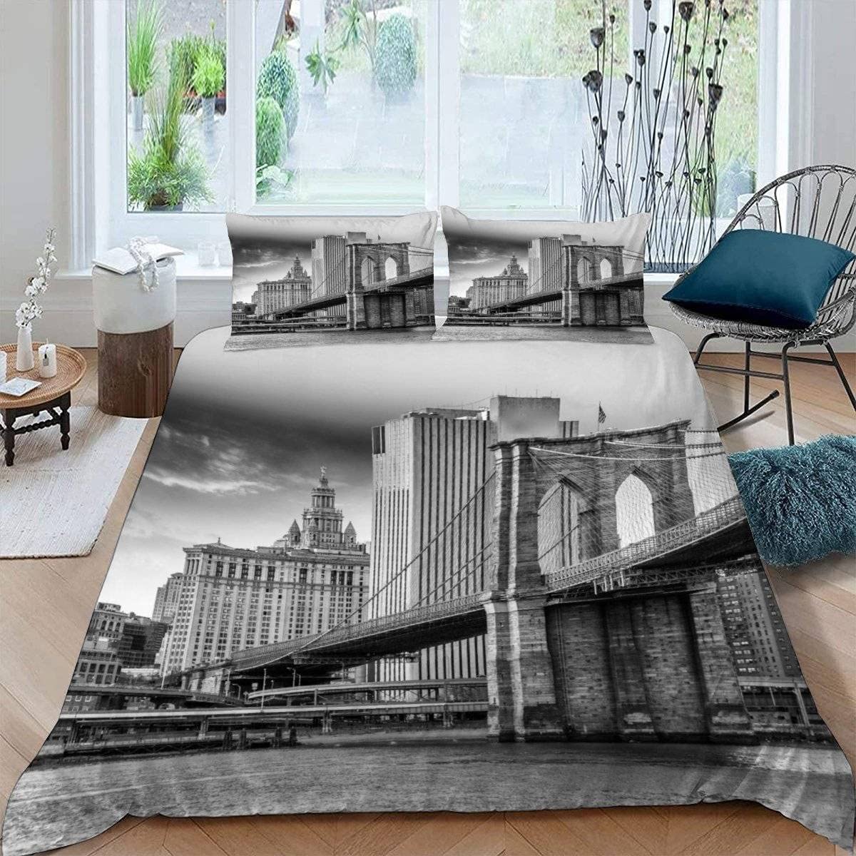 LUORU Double Duvet Cover New York 200x200 cm 3D Print Modern City View Bedding Set with Zipper Closure Ultra Soft Microfiber Kids Boys Girls Teens Comforter Quilt Cover with 2 Pillowcase 50x75