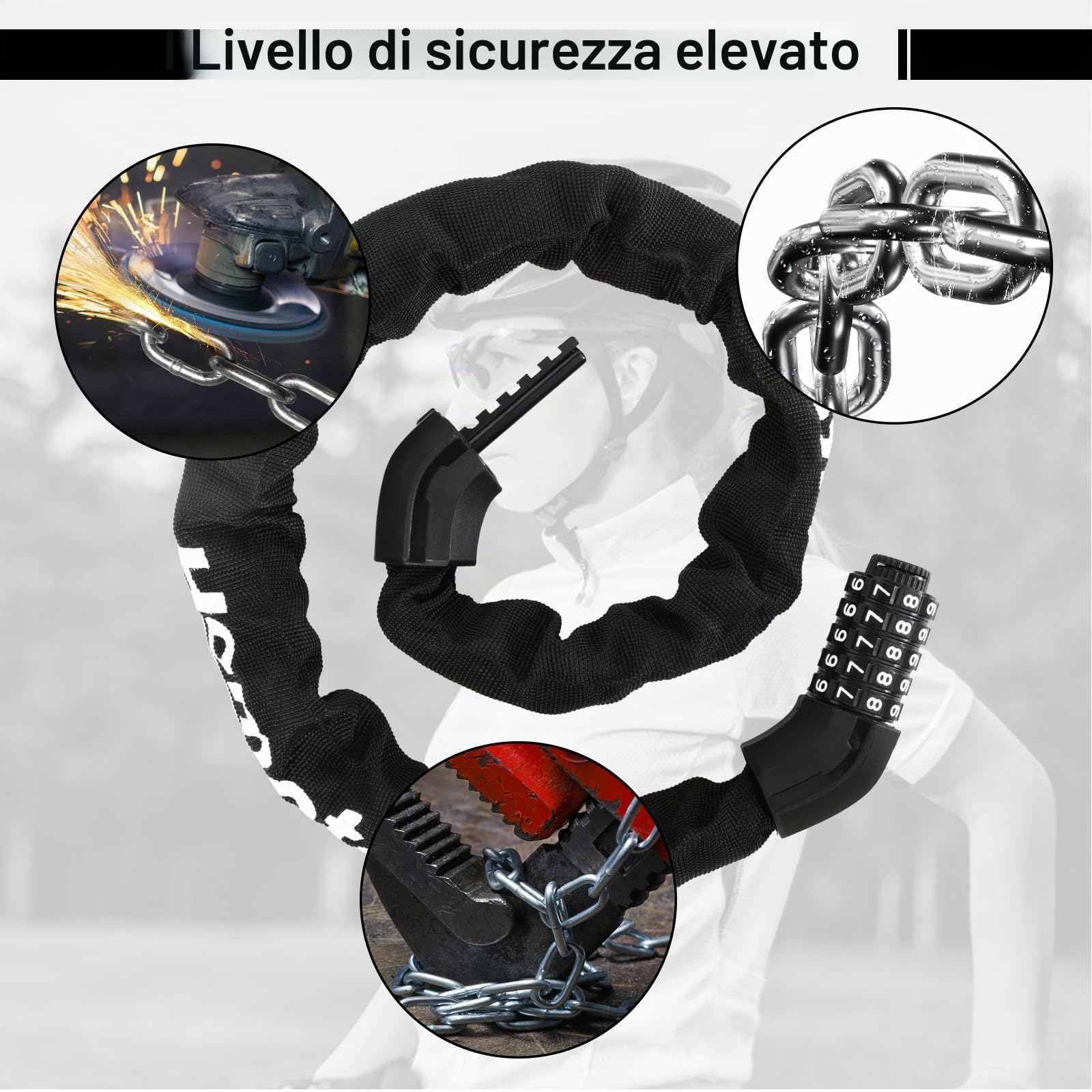 8mm di spessore Serratura di combinazione della bicicletta, catena di bloccaggio in acciaio, serratura della bicicletta di alta sicurezza, serratura della catena per Ebike E-scooter moto moto