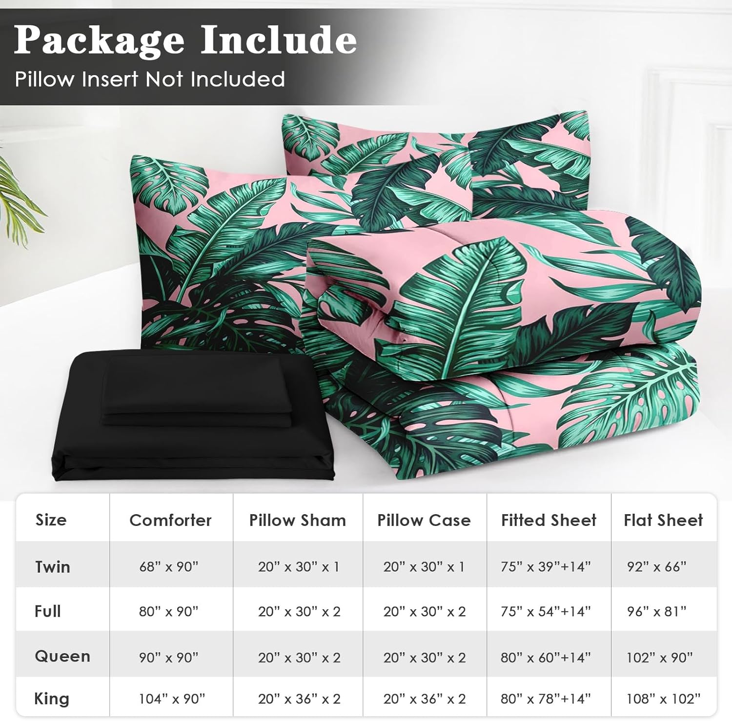 7 Pcs Full Size Comforter Set with 2 Pillowcases & 2 Shams, Tropical Green Leaves Bedding for Kids and Adults, Hawaiian Palm Leaf Bed in a Bag with Flat Fitted Sheet - Image 6