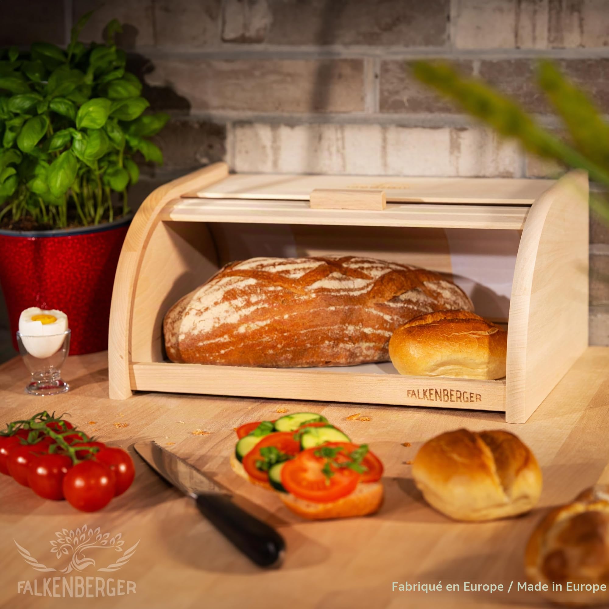 Boîte à pain en bois de hêtre environ 39 x 28 x 18 cm XL Boîte à pain traditionnelle avec couvercle enroulable Fait à la main