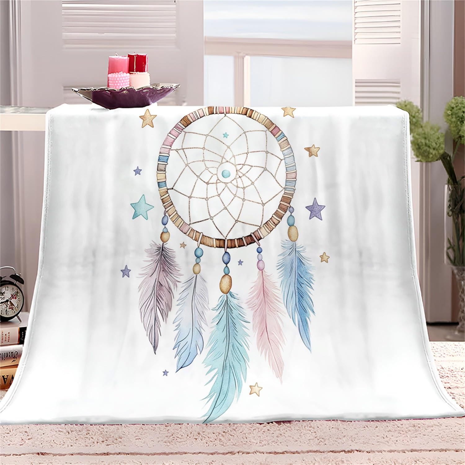 Manta de Franela Atrapasueños Boho con Estrellas Manta de Microfibra Ligera y de Terciopelo Suave para sofá 150X 180 Color Manta Suave y cálida para la Cama