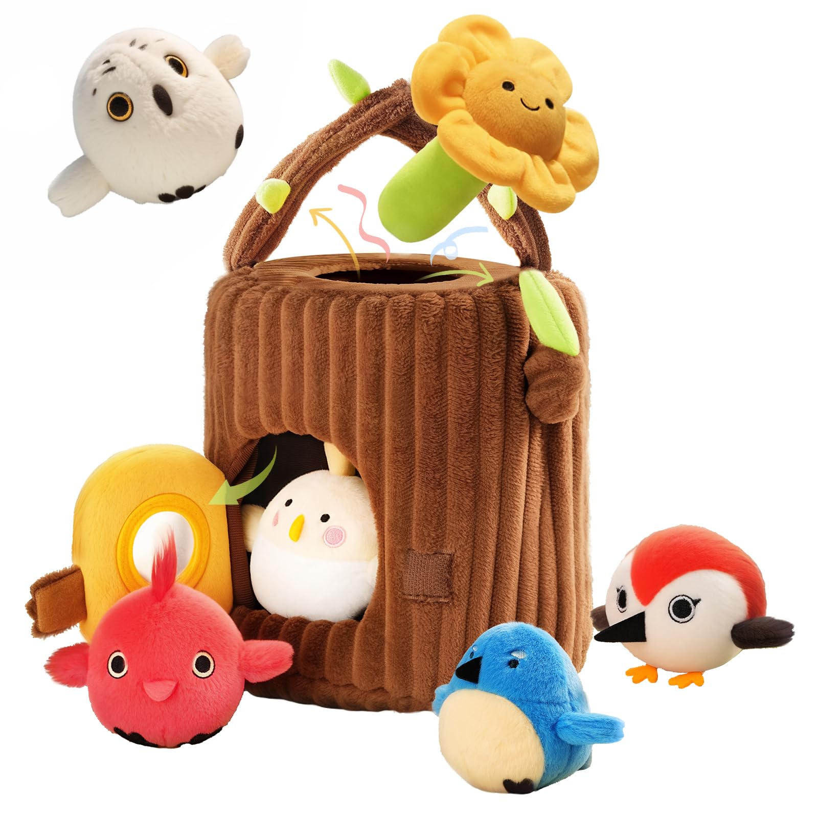 Evoceler Surprise Tree Stump with Birds Rattle Crinkle Paper Squeaker Mirror Soft Montessori Toys for 6 Month Old