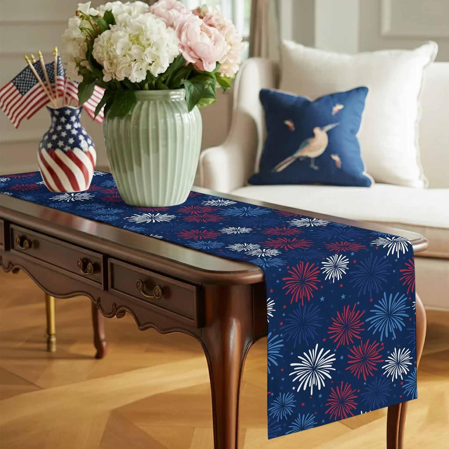 July 4th Table Runner Cotton Linen Fireworks Celebration Patriotic Americana Stars Party Holiday Tablecloth Decorations for Kitchen,Home ,Dining,Outdoor,Extra Long 13X120 Inches Red, White and Blue