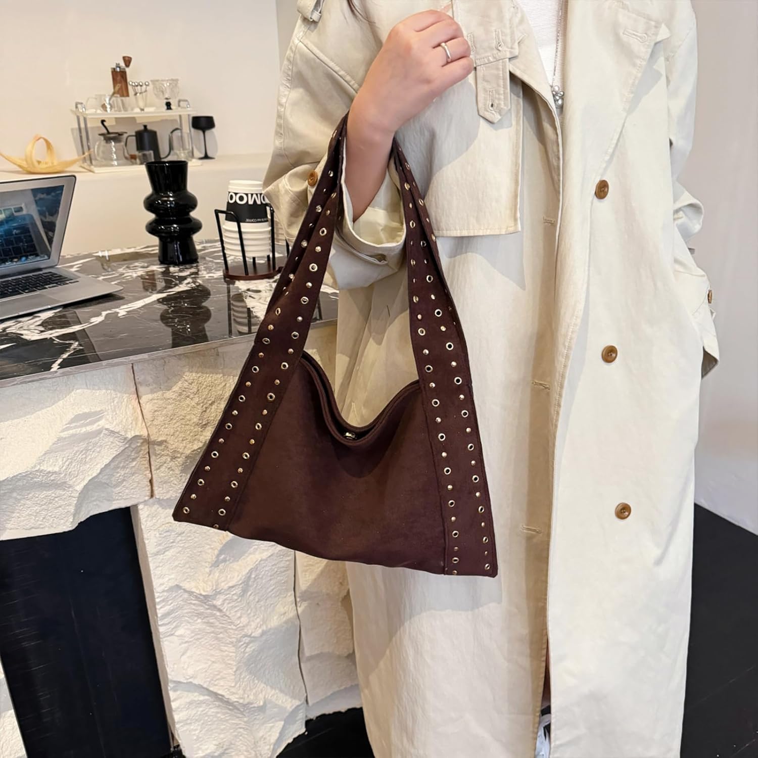 JQAliMOVV Suede Purses for Women Large Suede Handbag Slouchy Tote Bag Hobo Studded Purse - Image 2