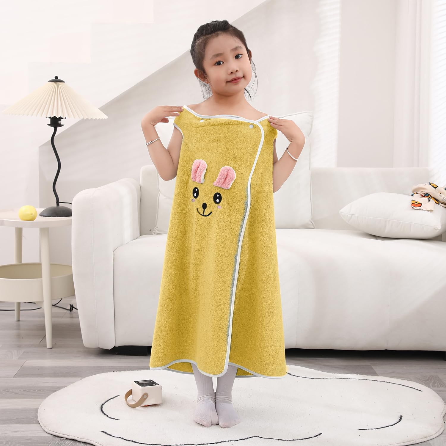 HOUSSE Rabbit Face Bath Dress for Kids 350 GSM – Wearable Spa Bathdress (65×110 cm) Soft Absorbent Quick-Dry Wrapped Bath Dress for Girls Age (7-9 Years) Gift for Daughter-Honey Yellow 2