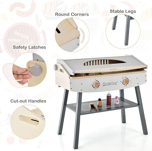 Miniatura 7 de HONEY JOY Juego de parrilla de barbacoa para niños, juego de juguetes de barbacoa de madera con 17 accesorios de comida y cocina, 4 patas de madera