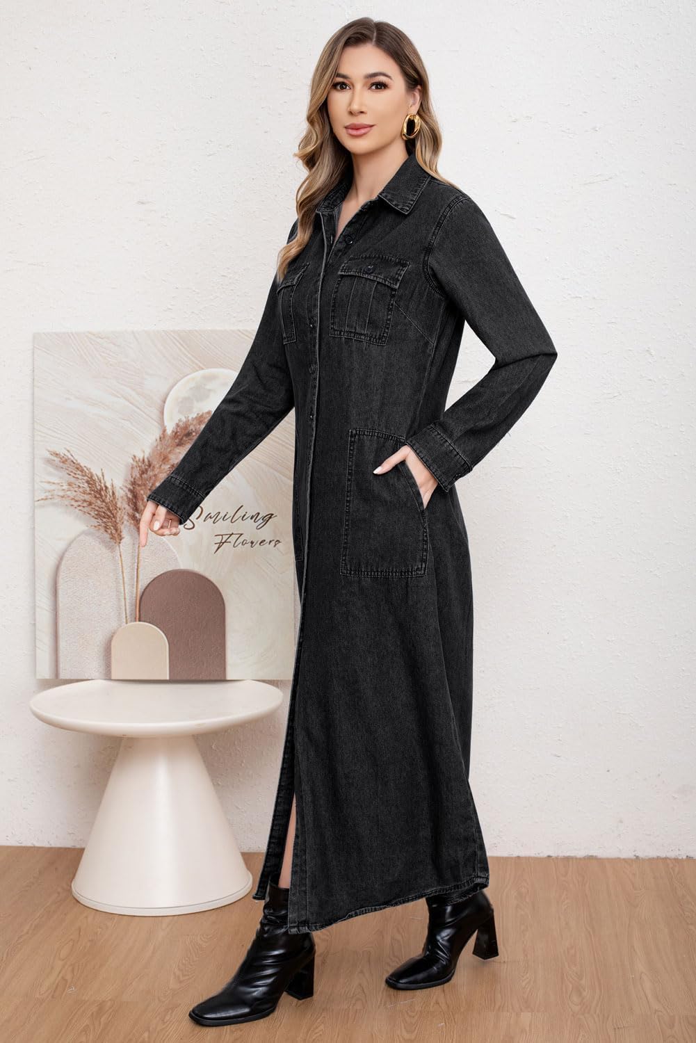 utcoco Womens Denim Shirt Dress Vintage Lapel Long Sleeve Casual Button Down Maxi Jean Dresses - Image 6