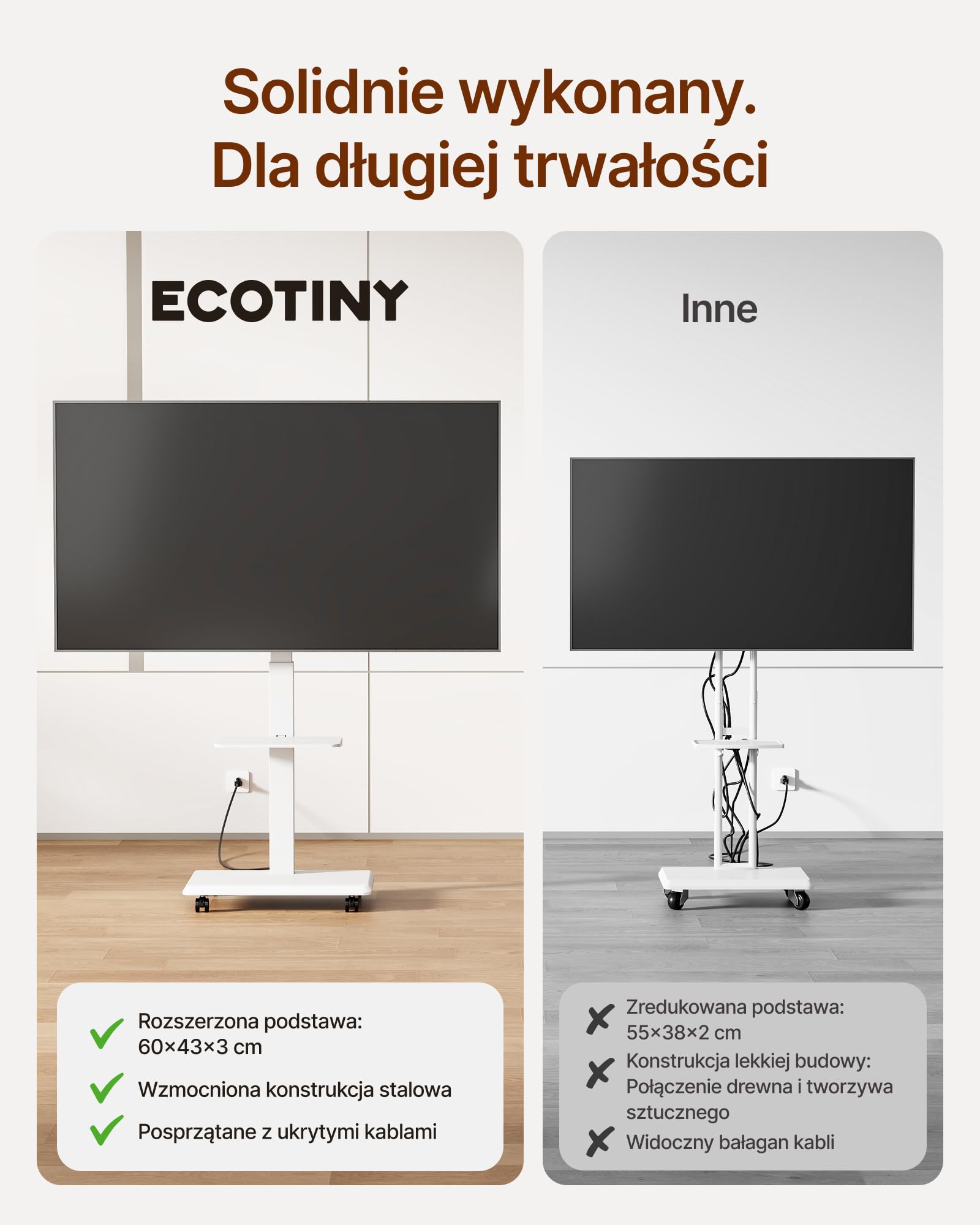 VESA VESA stojak na telewizor ze stali na kółkach do 37-75 cali do 50 kg, VESA 600 x 400 | Regulowana wysokość, wychylny stojak pod telewizor z półką, ukryte zarządzanie kablami, regulacja poziomu ± 3°, biały