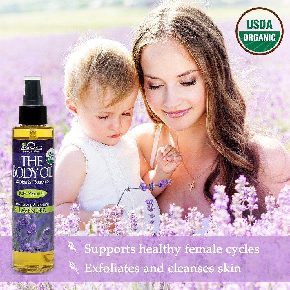 US Organic Body Oil - Romantic Sexy - Jojoba and Argan Oil with Vitamin E, USDA Certified Organic, No Alcohol, Paraben, Artificial Detergents, Color or Synthetic perfume (Bulgarian Rose): Lavender