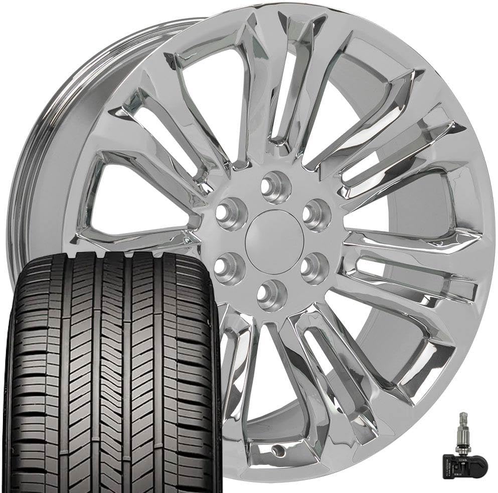 OE Wheels CV43 22 Inch Rims and Tires Fit Silverado 1500 Style 6x139.7 22x9 Chrome - Hollander 5666 - Eagle Touring 285/45-22 (Set of 4)