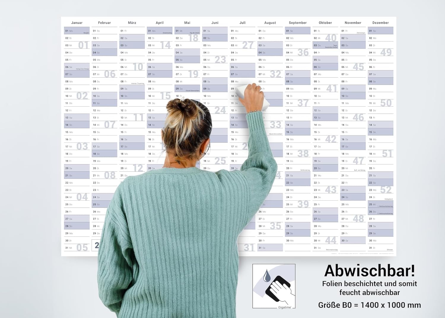 XXL Jahresplaner 2027 abwischbar, Wandkalender DIN A0 118 x 84 cm, gerollter Jahreskalender Deutsch, Wandplaner fürs Büro und Zuhause, inkl. 4 Stifte & Schwamm