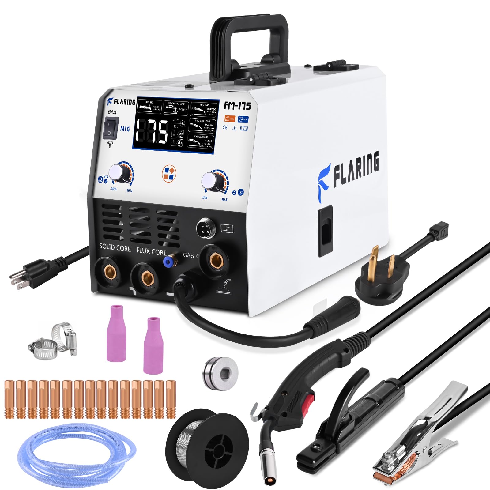 FLARING MIG Welder,175Amp MIG Welder Machine 120V/240V Dual Voltage 6 in 1 Gas MIG/Gasless Flux Core MIG/Stick/Lift TIG/Spot welding/Spool Gun Multi Process LED Digital Display Synergic MIG Weldering