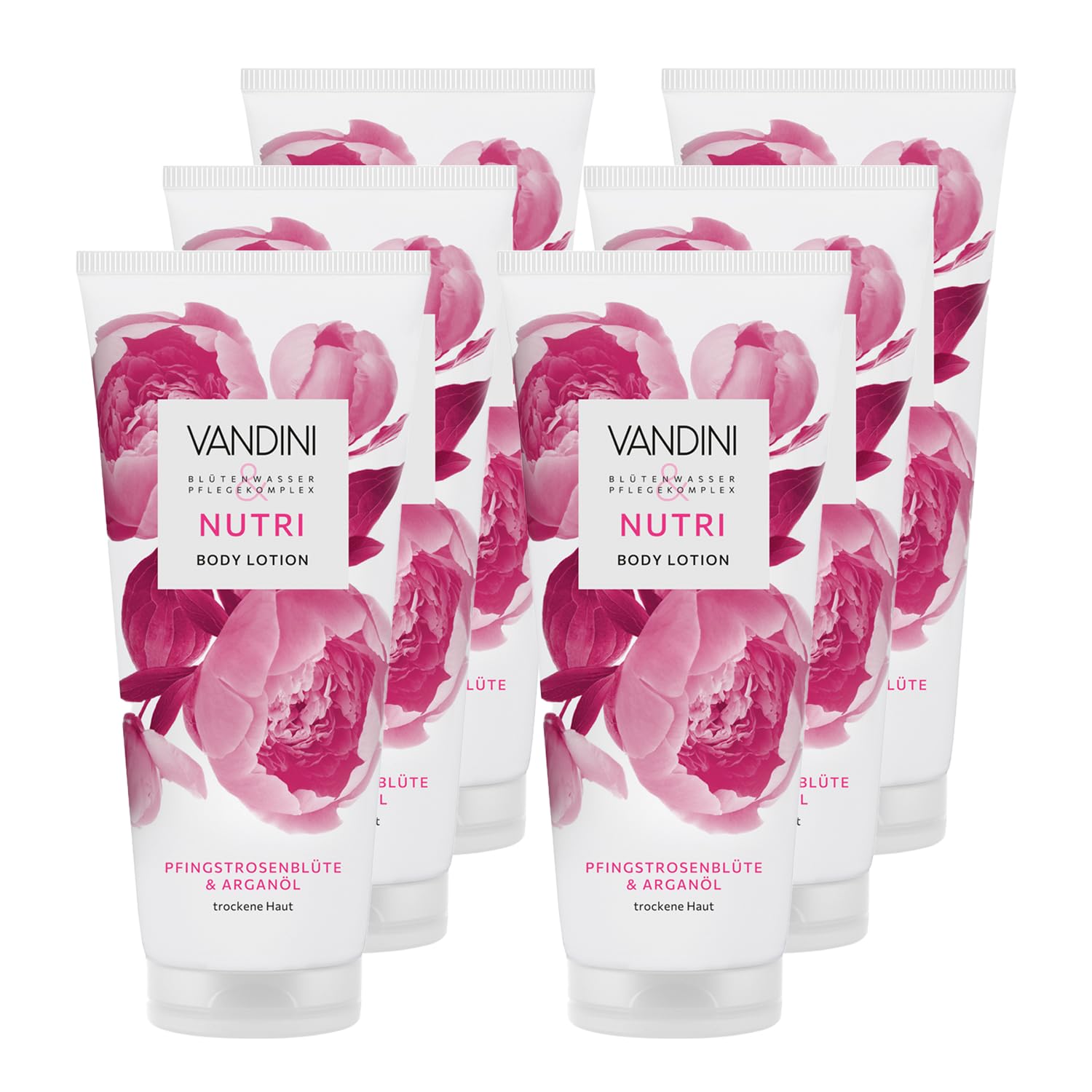 VANDINI 6 x NUTRI balsam do ciała damski, 200 ml, z kwiatem piwonii i olejkiem arganowym, balsam do ciała dla suchej skóry, wegański, bez parabenów i silikonów, potwierdzony dermatologicznie