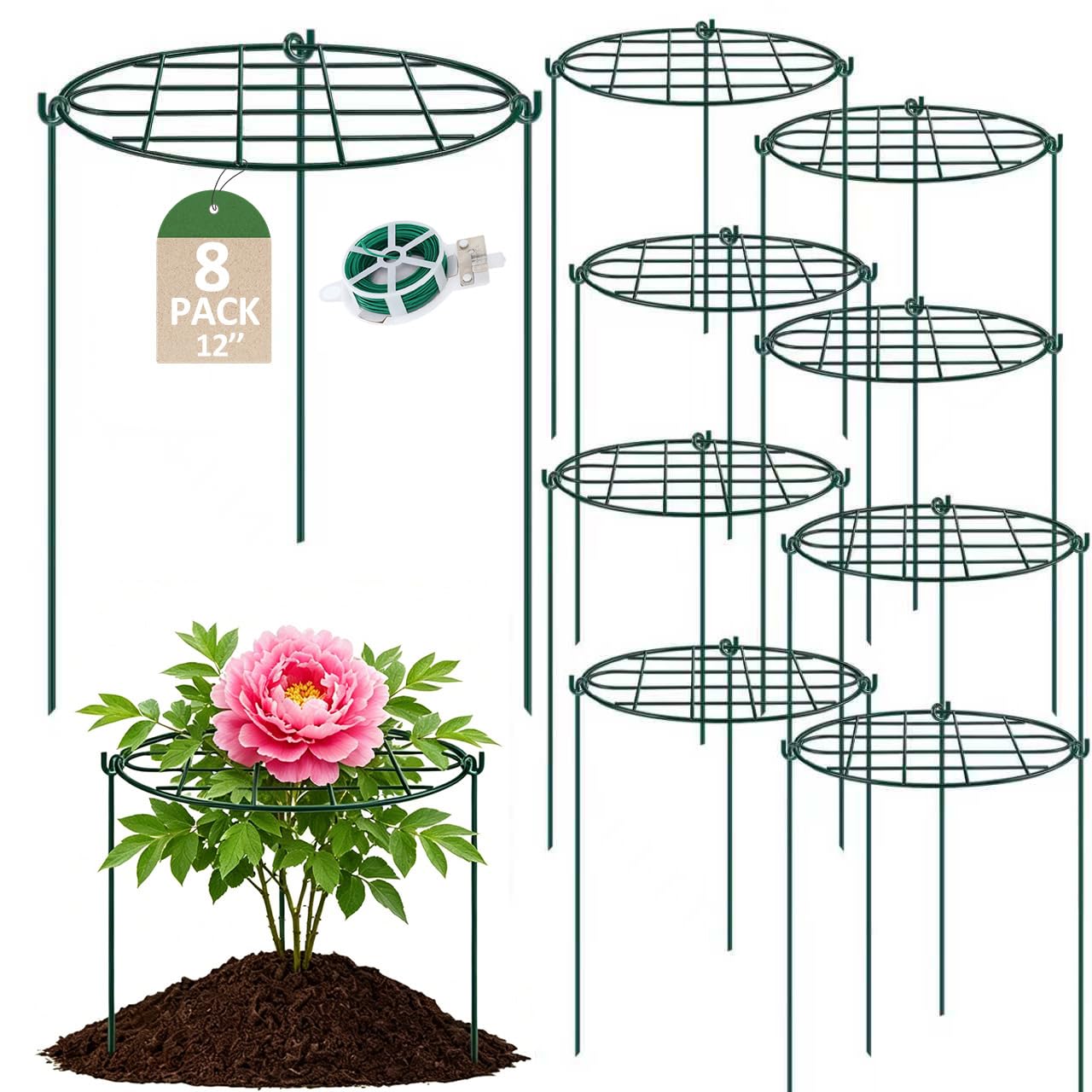 MUAEEOK 8 Pack 12 x 15.7 inch Peony Cages and Supports, Metal Grow Through Plant Supports for Outdoor Plants, Flowers Support Rings Heavy Plant Support Hoop for Vegetables,Rose,Tomato,Orchids (8 Pack)