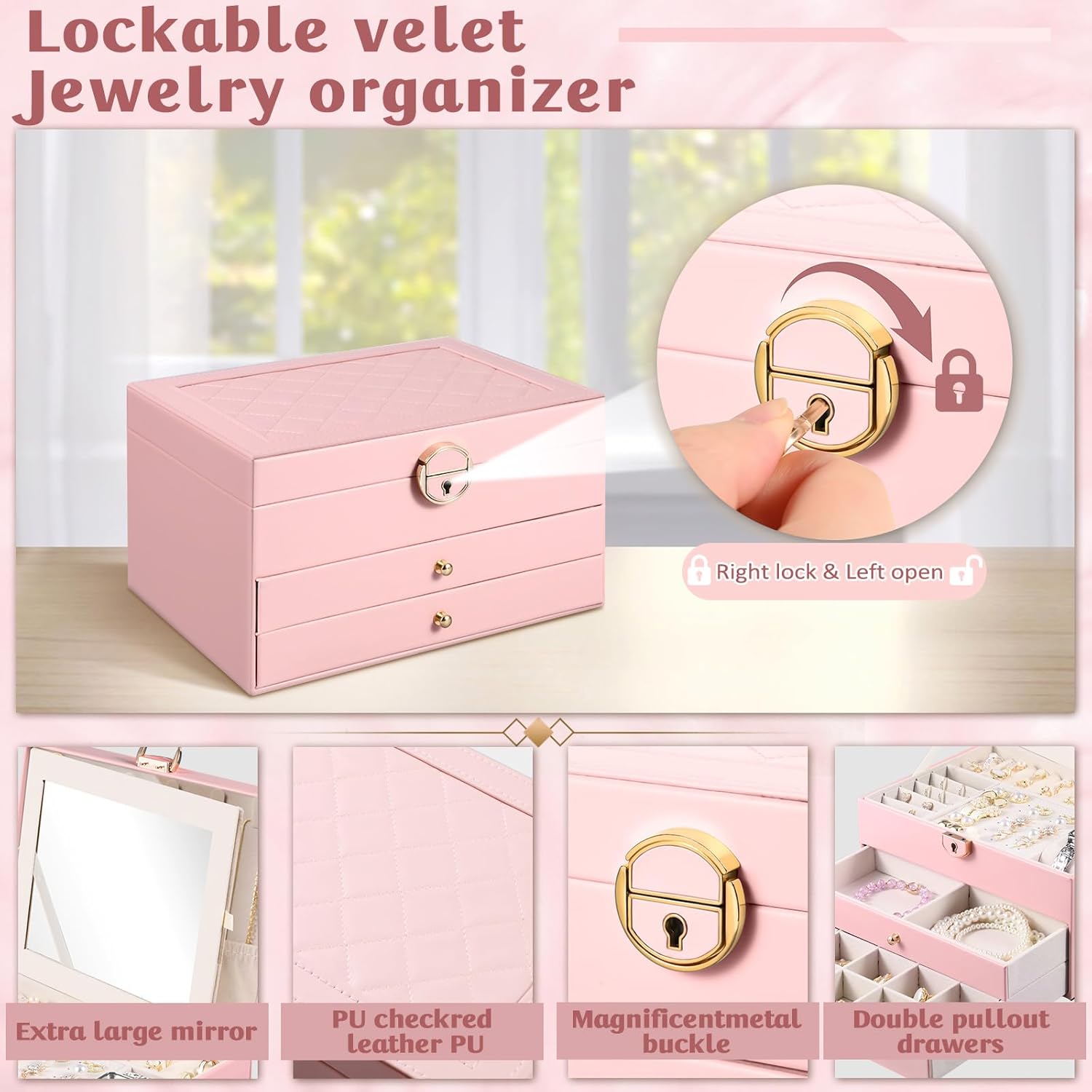 3 Layer Jewelry Boxes Large Jewelry Holder Organizer Case with 2 Jewelry Organizer Drawer PU Necklace Organizer Lockable Upgrade Mirror Gifts for Women, Pink