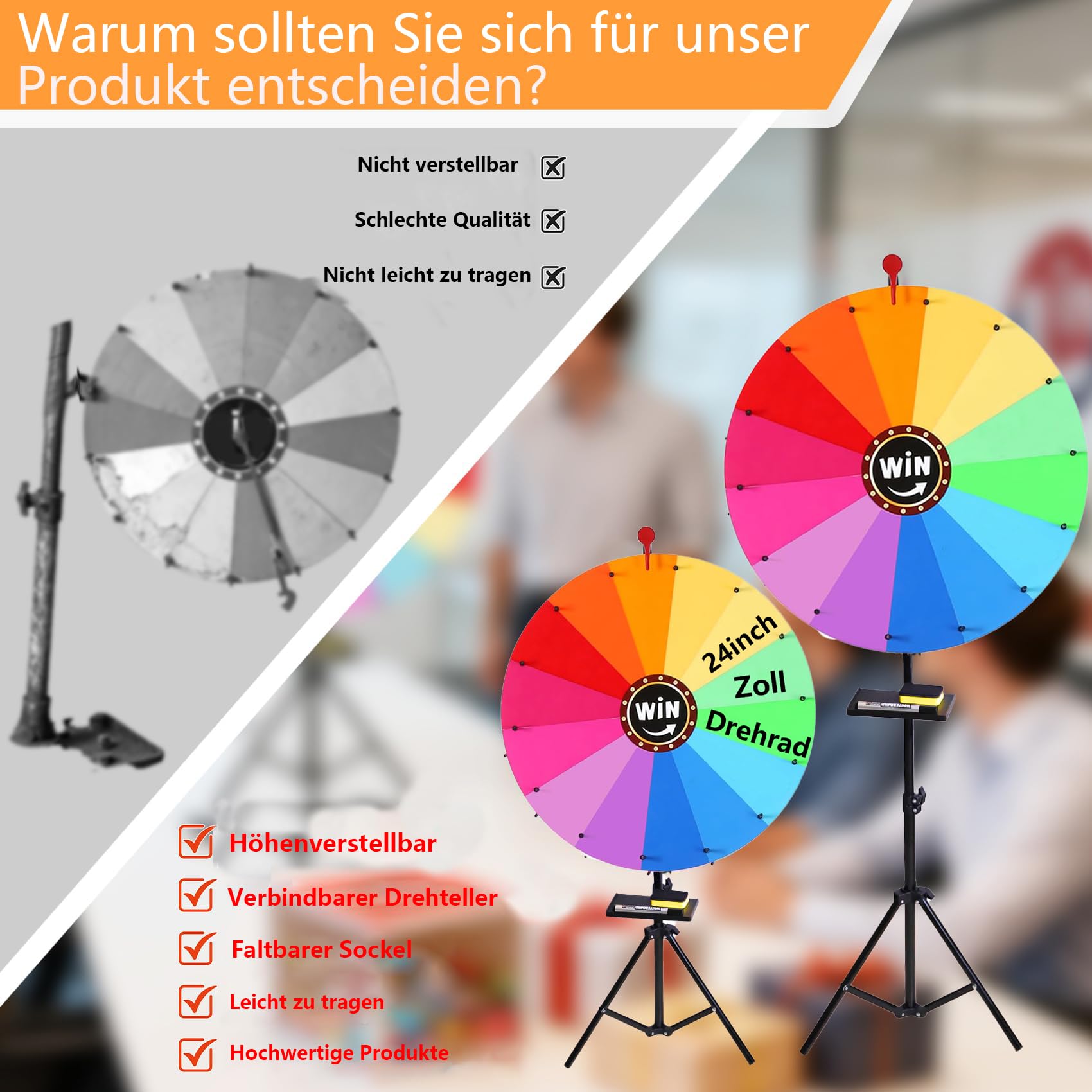 Drehbares Preisrad 61 cm, 14 Farben, verstellbar 94-165 cm, löschbares Kritzelspiel
