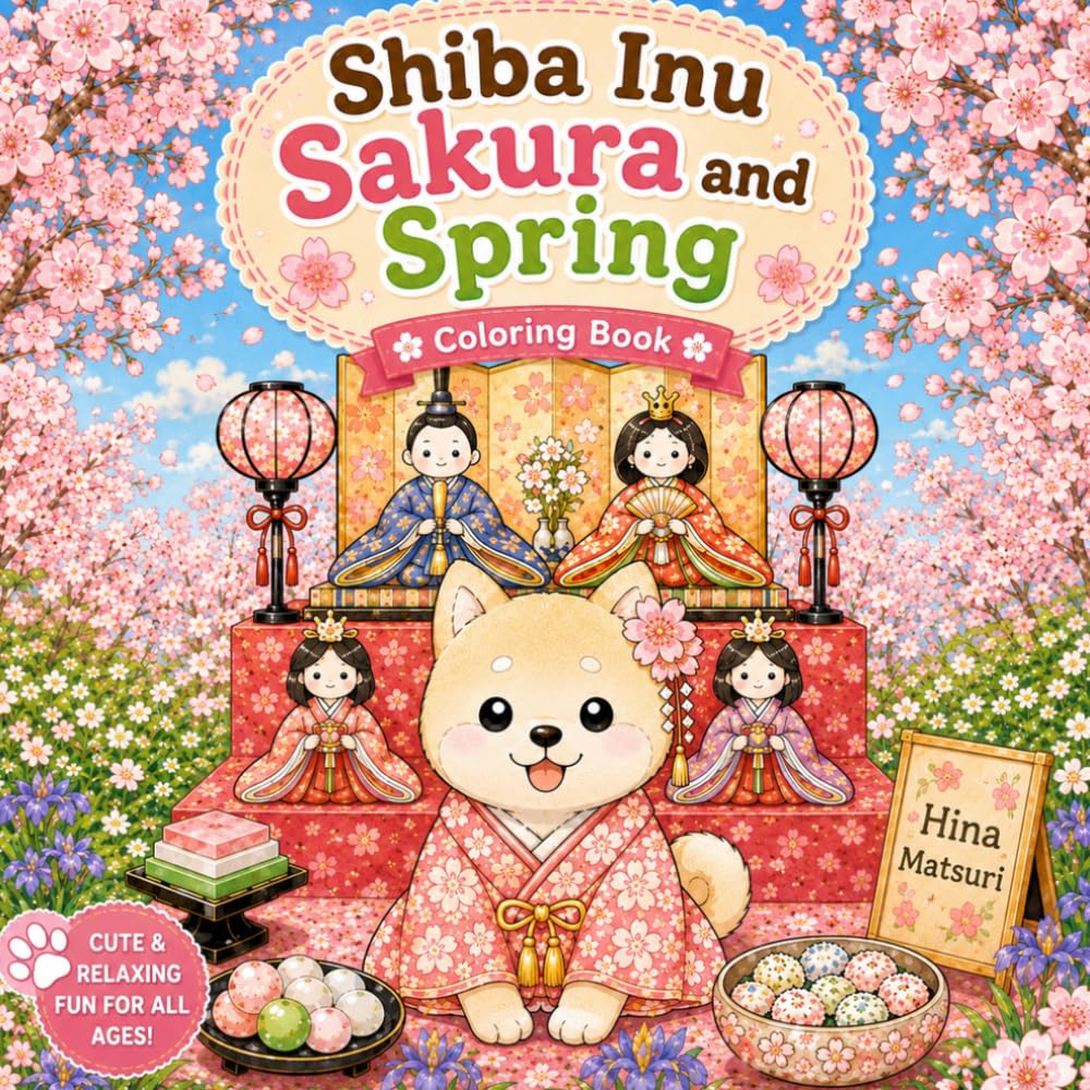Shiba Inu Sakura and Spring Coloring Book for Adults: 50 Cute Japanese Shiba Inu Designs with Cherry Blossoms, Flowers and Cozy Seasonal Scenes