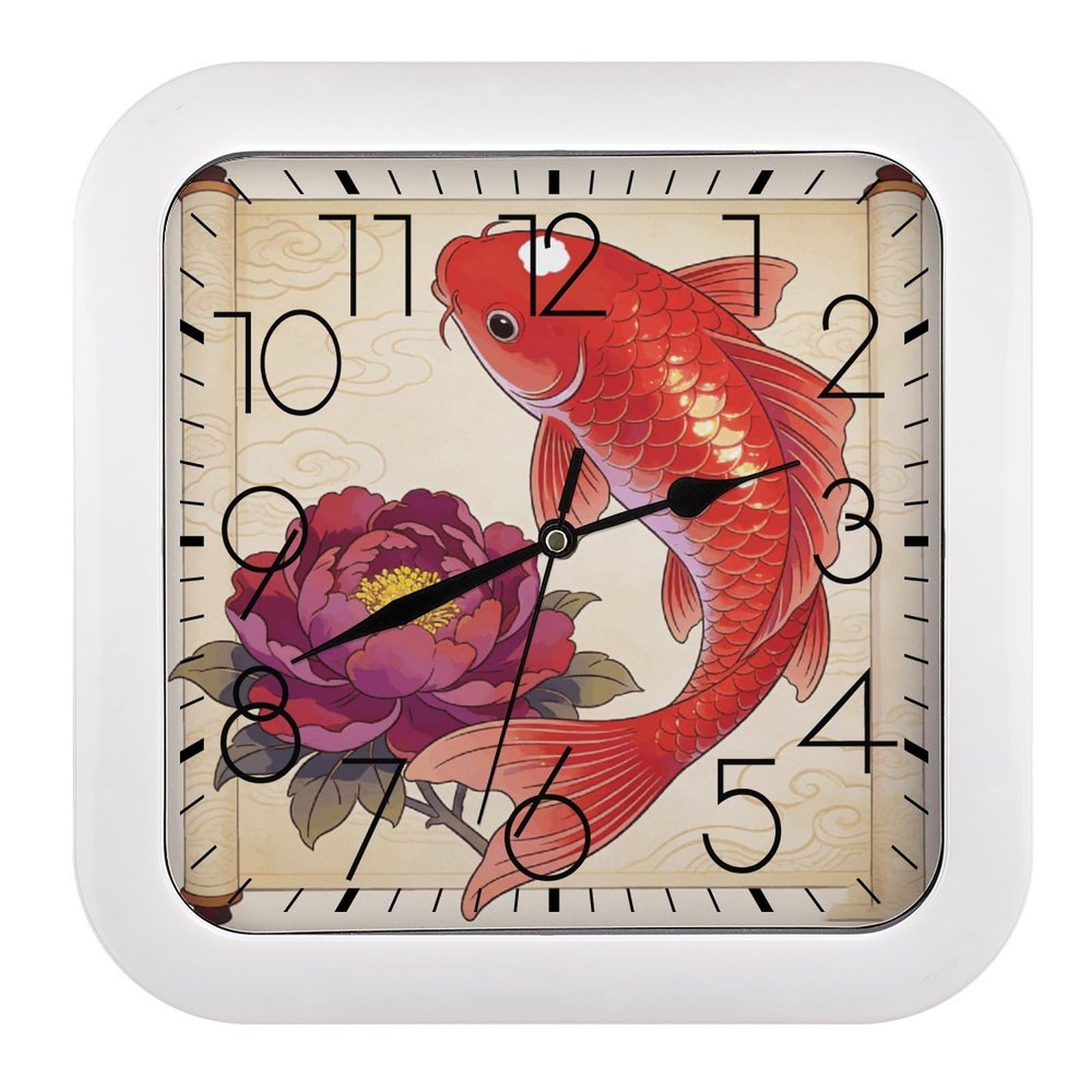 LZQPOEAS Koi Carp Bring Spring Square Wall Clock, 10.2 Inch Battery Operated Silent Non-Ticking Wall Clock, Square Analog Decorative Clock for Home Wall Art, Living Room, Bedroom, and Office