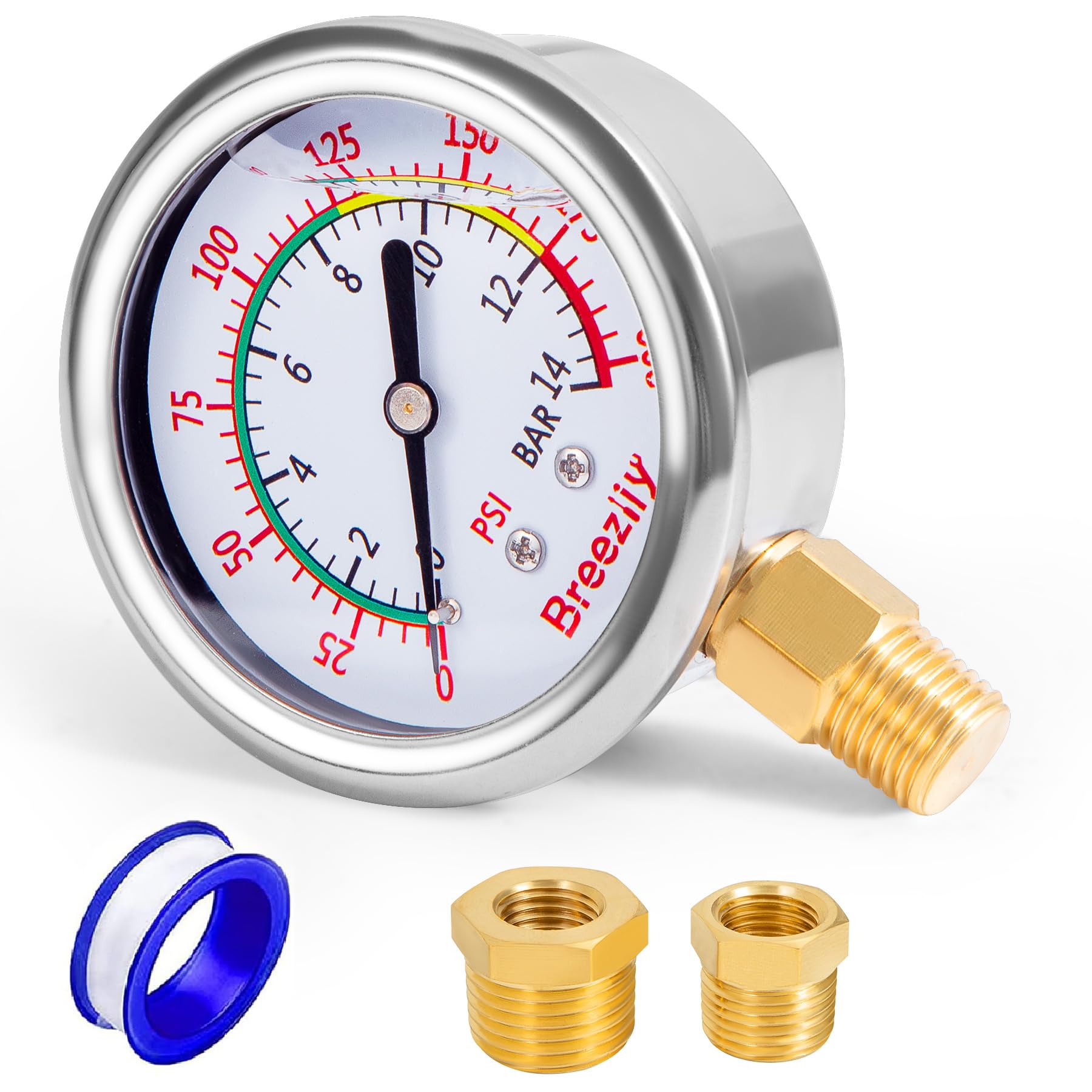 Water Test Pressure Gauge,2.5" Dial,0-200PSI/0-1.4MPA,with 1/4x 1/2 NPT and 1/4x 3/8 NPT Hex Bushing