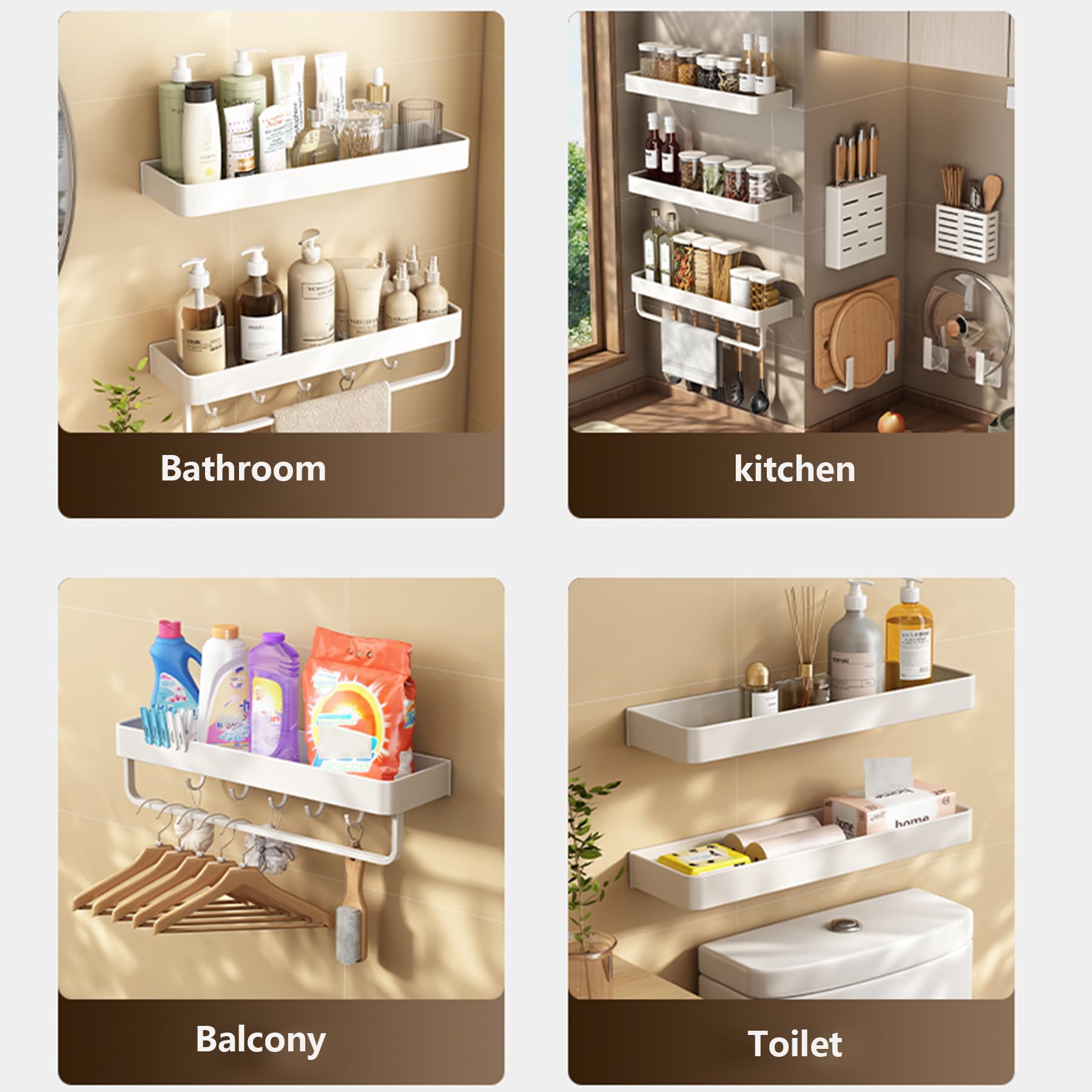 Estantes de Ducha Aluminio 2 Paquetes, estantes Ducha Adhesivos con Gancho, Estante Ducha Resistente al óxido Gran Capacidad, Organizador Almacenamiento baño Montaje en Pared,White e,50CM