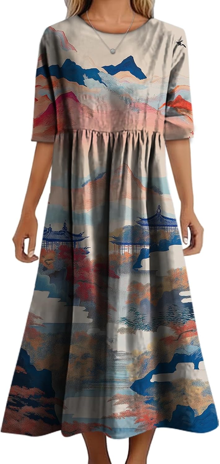 Women's 2025 Summer Floral Boho Dress Plus Size Crew Neck A Line Tunic Sundress Beach Long Maxi Trendy Outfits