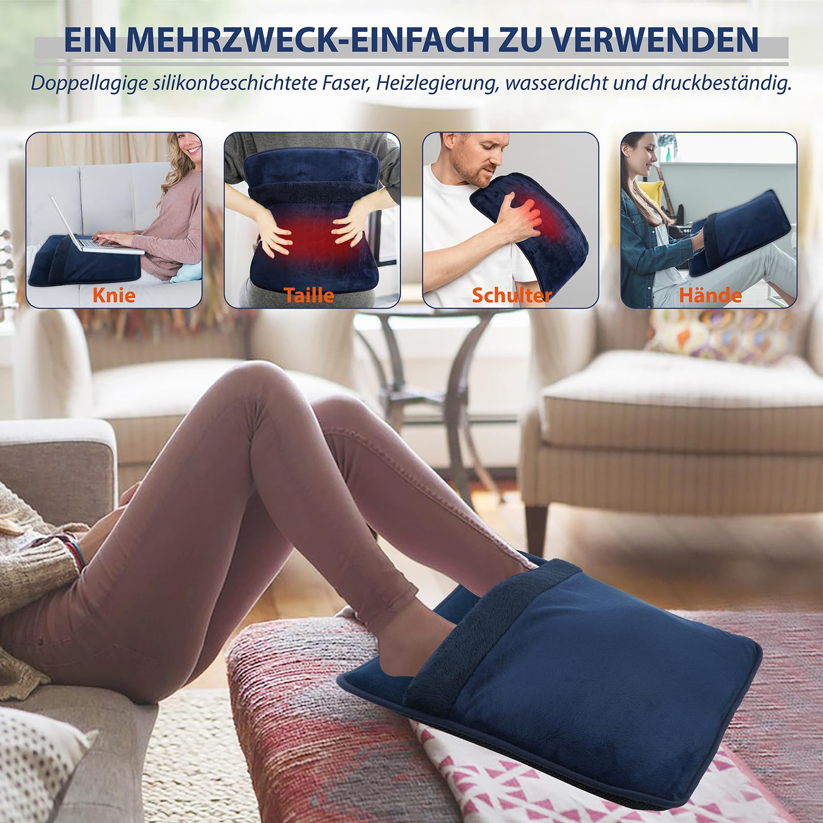 48 x 48 cm Fußwärmer elektrisch Doppelheizung Fußheizung mit 6 Heizstufen & 3 Timer, schnellheizend, waschbar, automatische Abschaltung, Fusswärmer mit Strom für Bett, Büro, Zuhause (Blau)