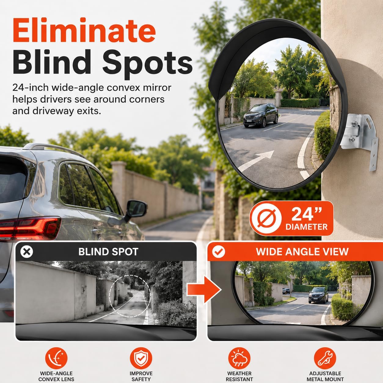 24-inch Convex Safety Mirror, Outdoor Traffic Mirror for Driveway Blind Spots, Wide Angle Security Mirror for Business Indoor, Street Warehouse and Road Mirror with Wall Mount Bracket