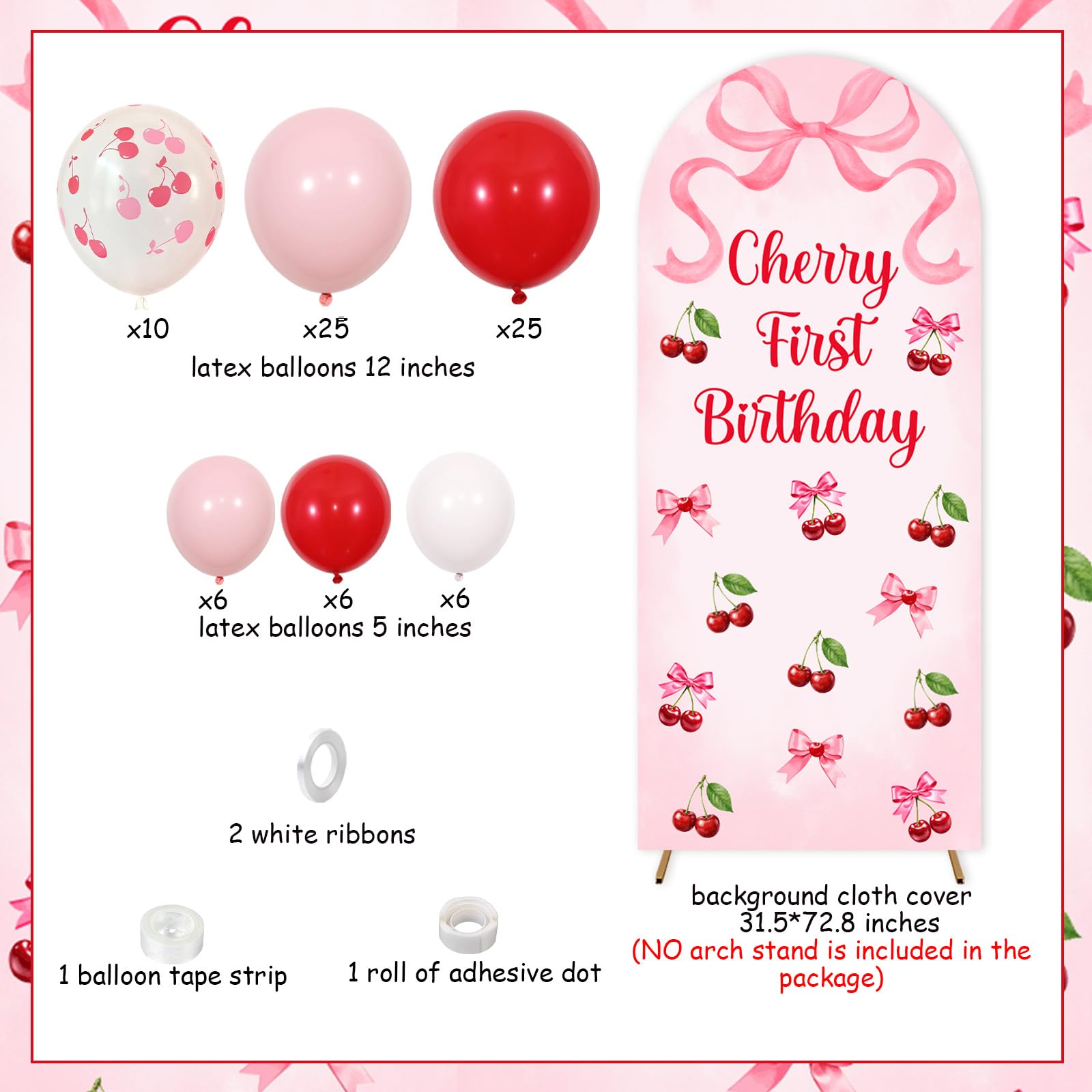 Jollyboom Cherry First Birthday - Kit di copertura per sfondo ad arco con