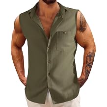 Fommykin Mens Linen Sleeveless Shirts Button Down Beach Tank Top Basic Solid Shirt Vest with Pocket