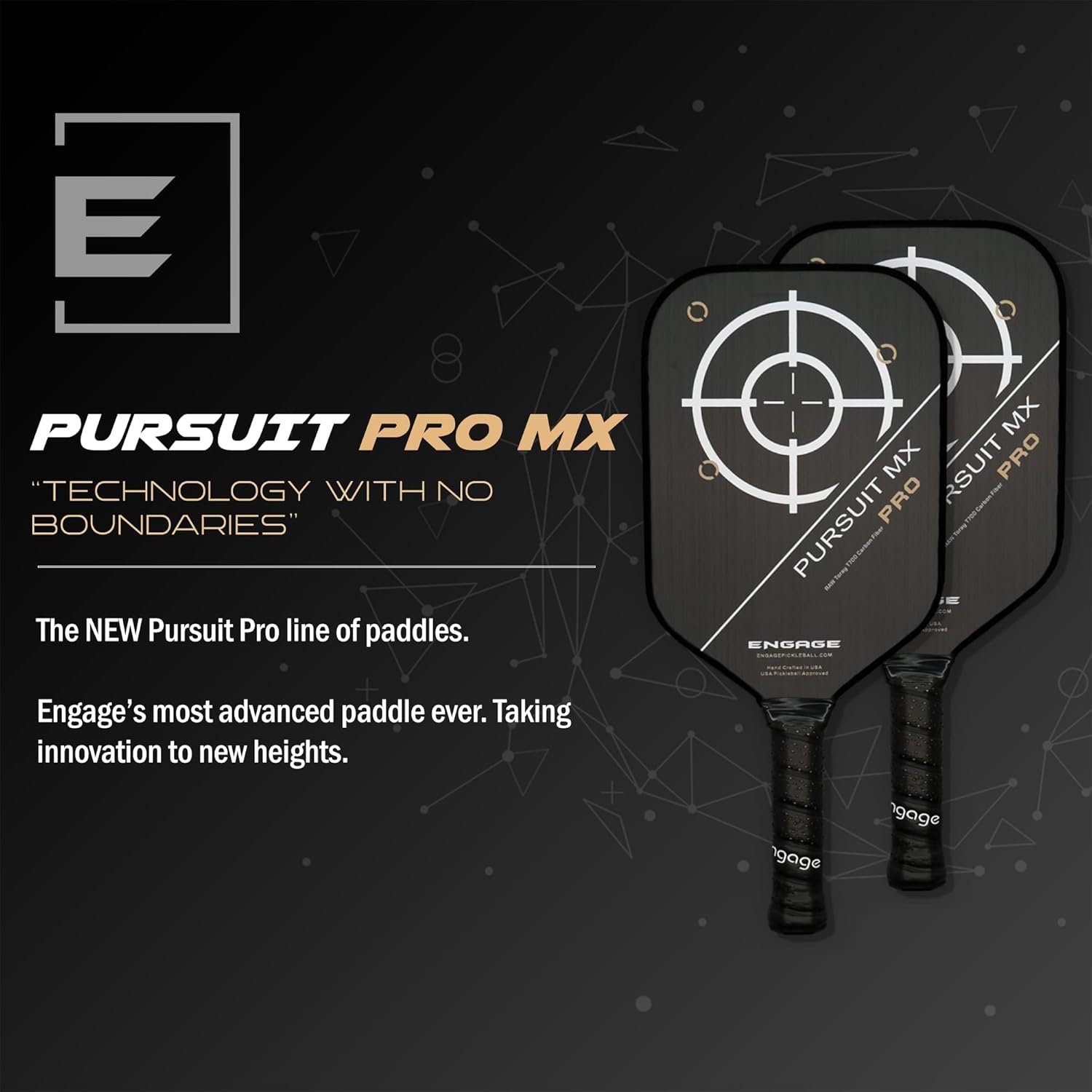 Engage Pursuit Pro | Raw Carbon Fiber Pickleball Paddle – Elongated Shape, Control Pro “Black” Core, Vortex Barrier Edge Technology Limits Vibration – Standard Weight