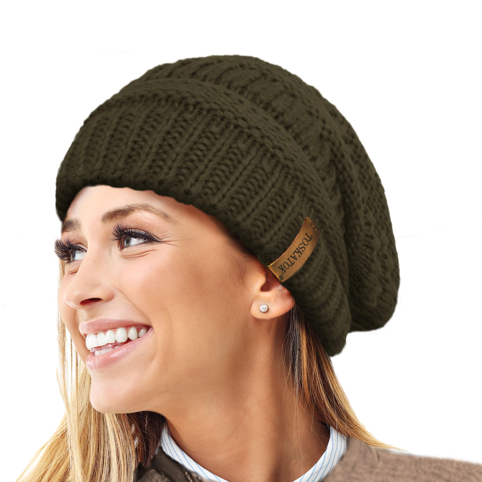 Toskatok Women's Olive Warm Slouch Knit Winter Beanie Hat With Supersoft Velour Thermal Lining Ski Cap