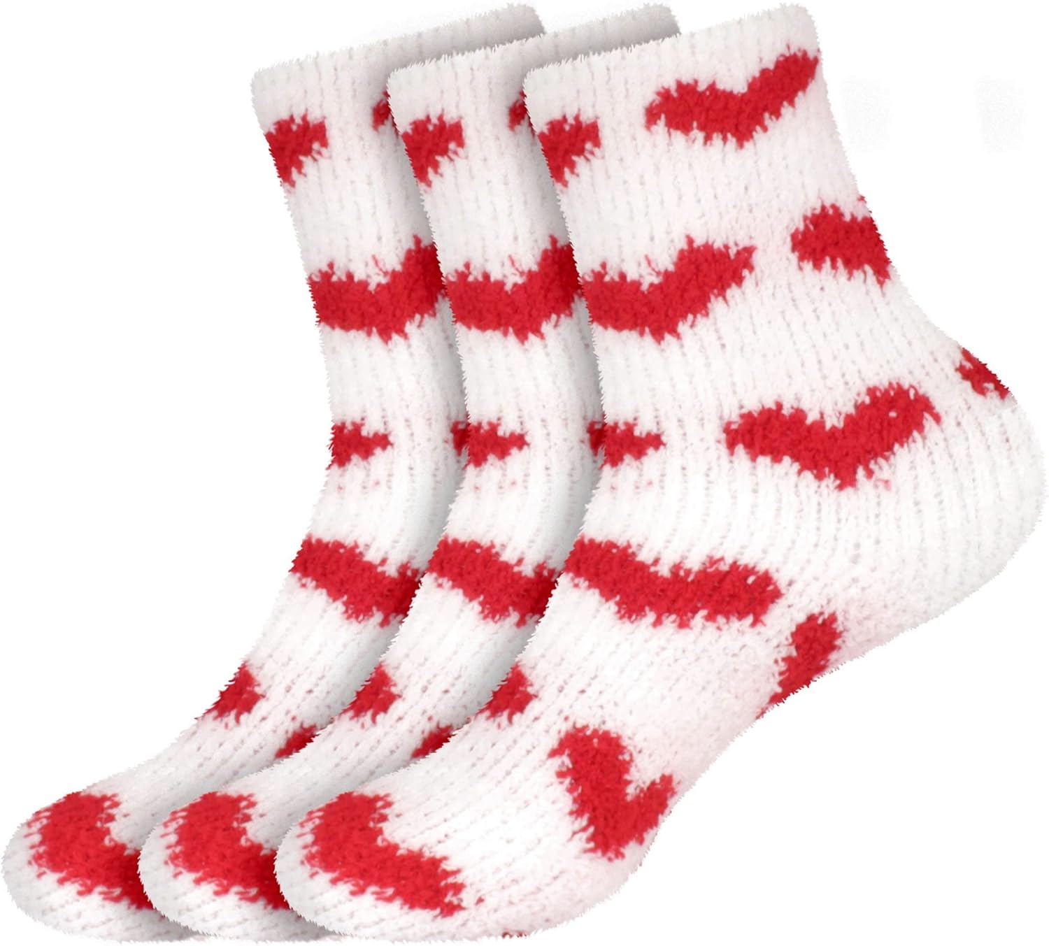 BambooMN Women's Heart and Stripe Soft Warm Microfiber Fuzzy Non-Slip Grips Socks - 3 Pair Value Pack