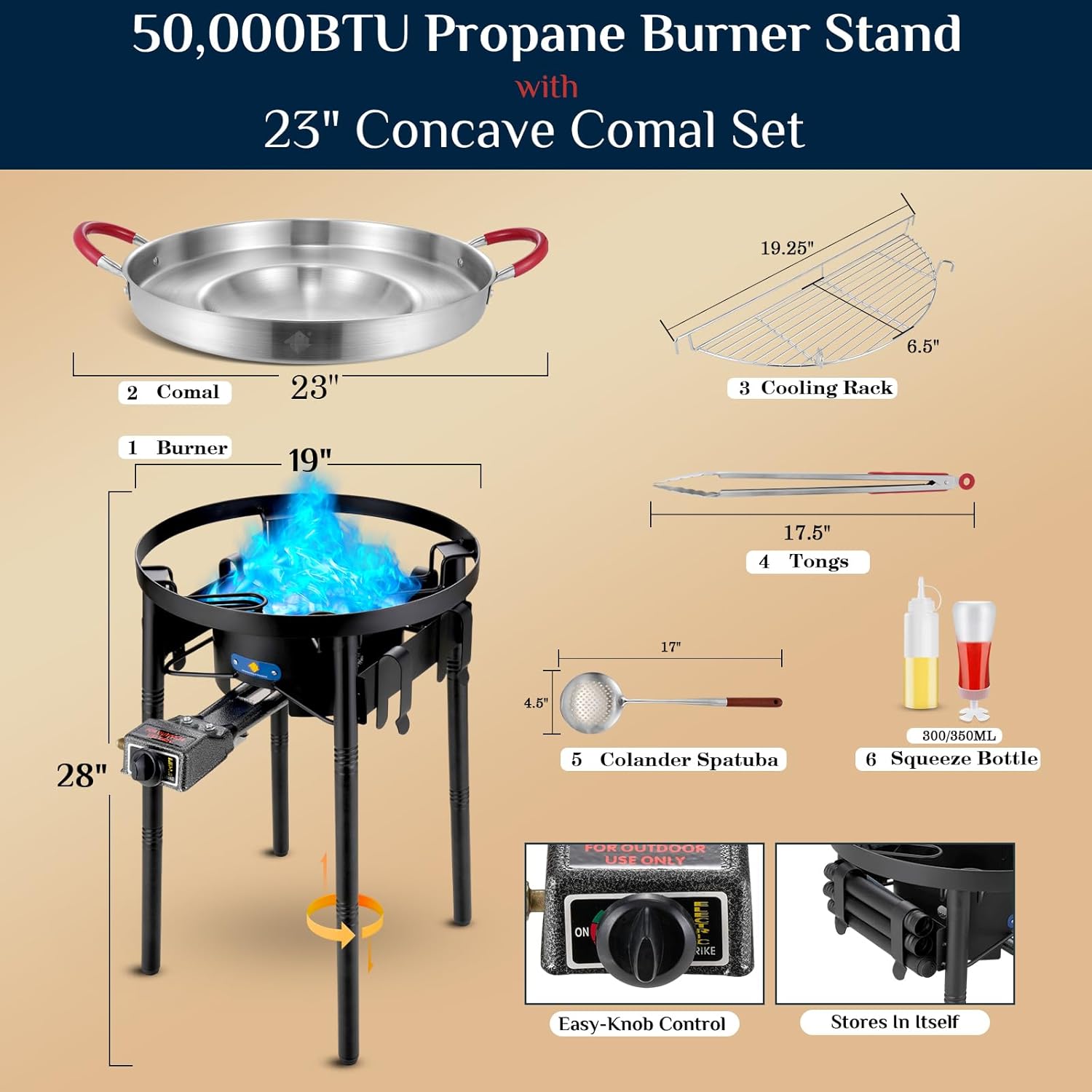 ARC 23" Concave Comal Set w/50,000BTU Propane Grill Burner, Stainless Steel Griddle Fryer Cookware Set, Paella Burner and Stand Set, Disco Para Cocinar, Discada disc Outdoor Cooker, Tacos Stir Fry Wok