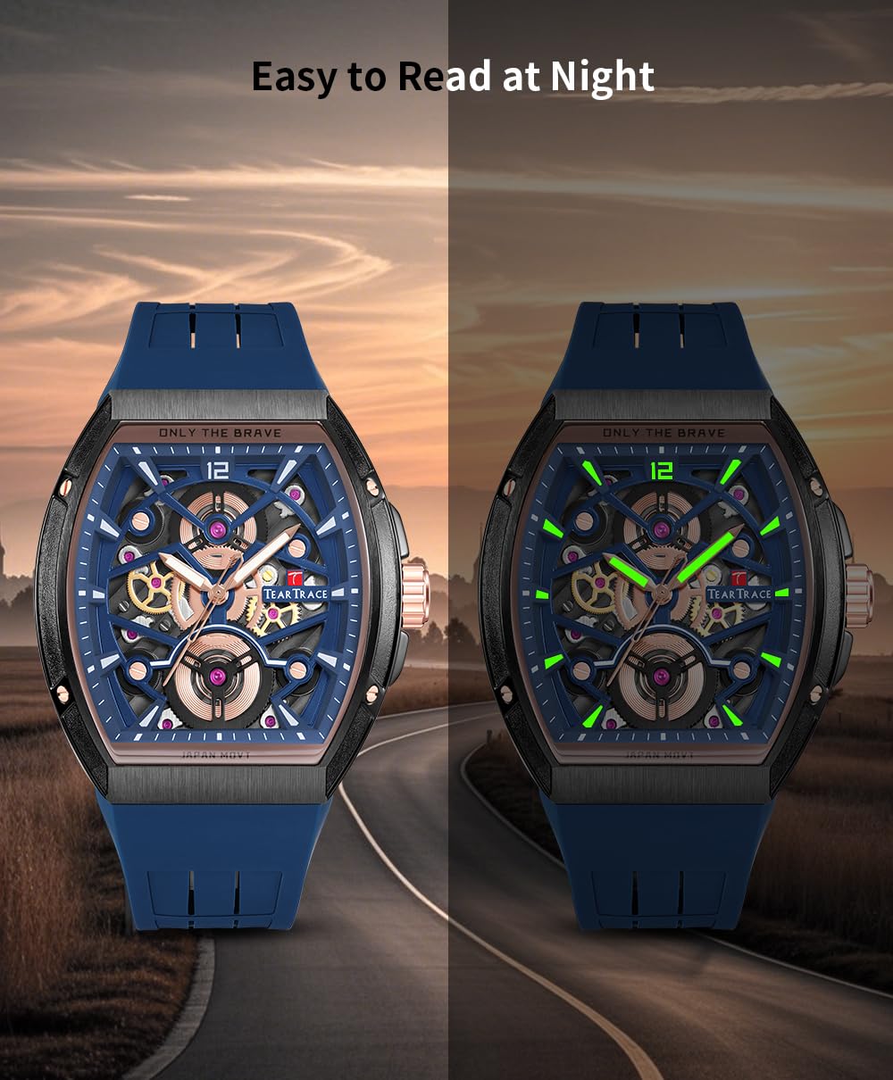TEARTRACE Herrenuhren mit Silikonarmband Analog Tonneau Japanische Quarzuhren für Männer Wasserdicht Big Face Sport Arbeit Schwarz/Blau/Braun Armbanduhr, Blau