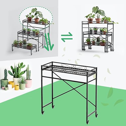 Miniatura 2 de Zhongma Soporte de metal resistente para plantas de 1 nivel con ruedas, estante resistente para suculentas para el hogar en interiores y exteriores,