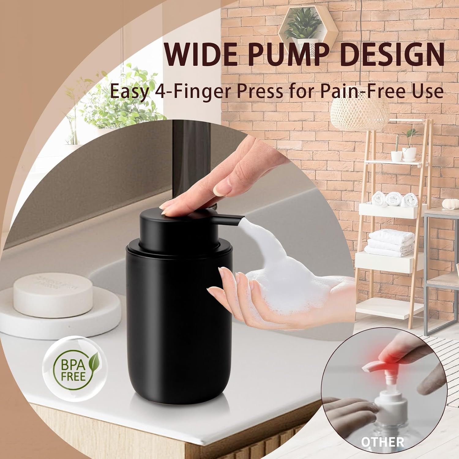 Foaming Soap Dispenser Thick Ceramic Foam Hand Soap Dispenser for Bathroom or Kitchen Sink, Liquid Pump Bottles for Hand soap, Body Wash, 2 Pack Black