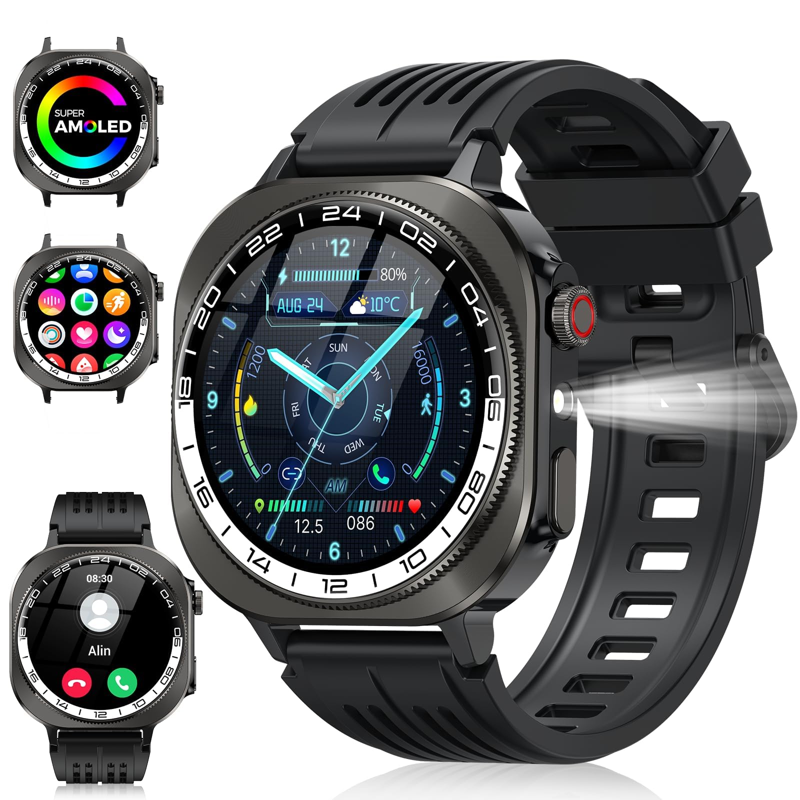Smartwatch Uomo Donna Militare,1.43" AMOLED Orologio Fitness Chiamate Bluetooth,130+ Sportive Fitness Tracker LED Torcia/Contapassi/Sonno/Cardiofrequenzimetro,IP68 Impermeabile Smart Watch Android iOS