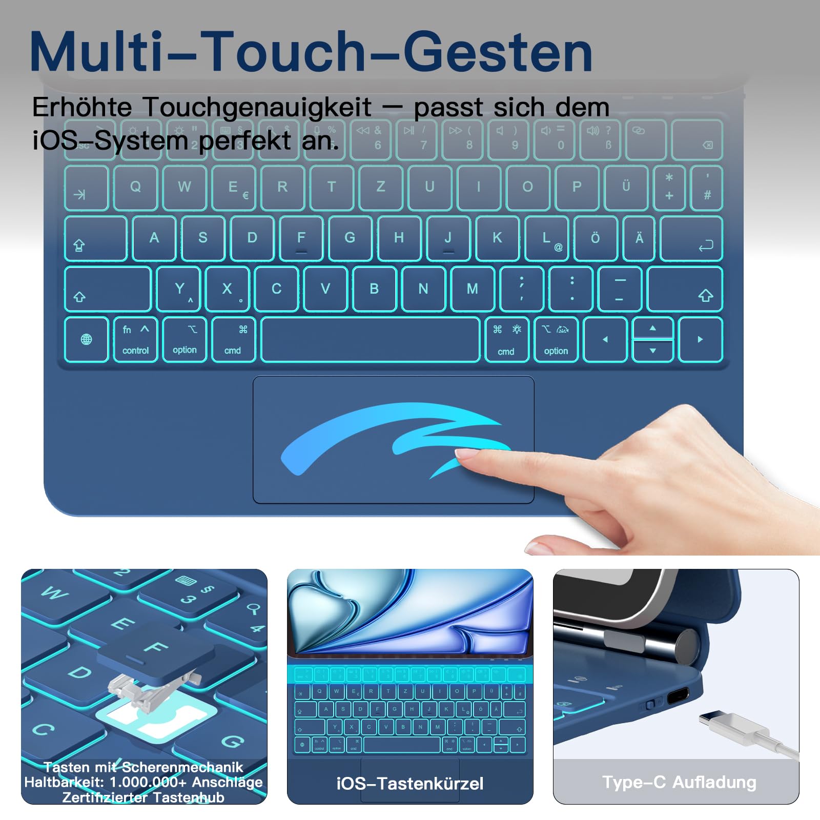 RAYMCRAFT für iPad Air 11 Zoll (M4/M3/M2) & iPad Pro 11 Zoll (4./3./2./1. Gen.) Hülle mit Tastatur, Magic Keyboard für iPad Air 5./4. Gen, 11-Farbig Beleuchtung, Smart Trackpad, Stifthalter, Stahlblau