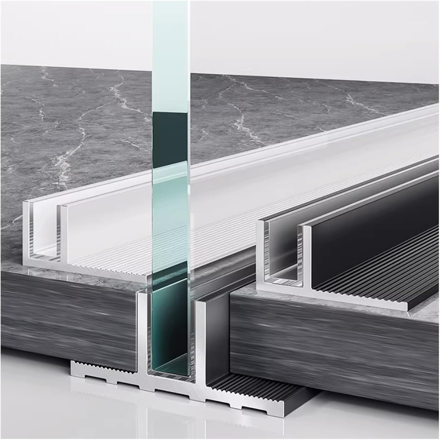 2pcs Aluminum Black F Shape Glass Channel for 0.3 0.4 0.5in Glass, 39.4in Recessed Frameless Sunken Shower Door Track with 0.03in Explosion-Proof Strip(Gray F-Type,1/2 in(12mm))