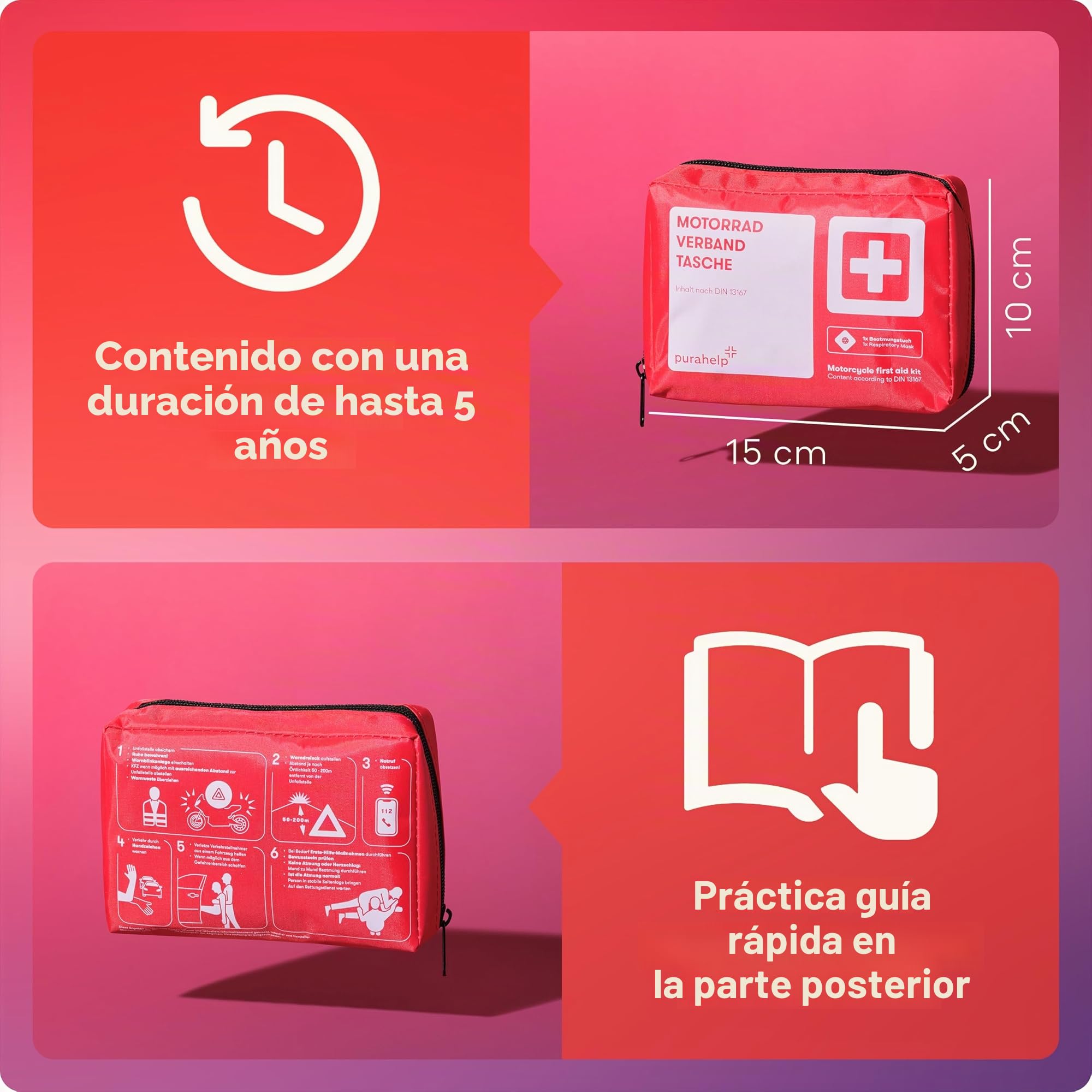PURAHELP Botiquin Moto - Kit Emergencia Moto - Cumple con la Norma DIN 13167 - Kit Supervivencia Moto