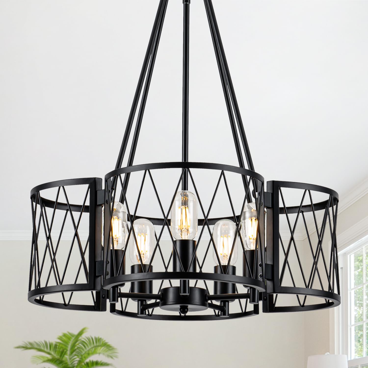 LUZBBLU 20.8'' Farmhouse Chandelier, 5-Light Rustic Black Chandeliers for Dining Room, Industrial Metal Hanging Light Fixture, Vintage Drum Pendant
