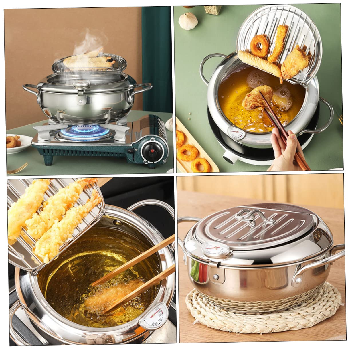 PRETYZOOM Japanese Tempura Fryer Pot Deep Fryer for Kitchen with Temperature Control Compatible with Gas and Induction Cookers for Fish and Tempura Cooking