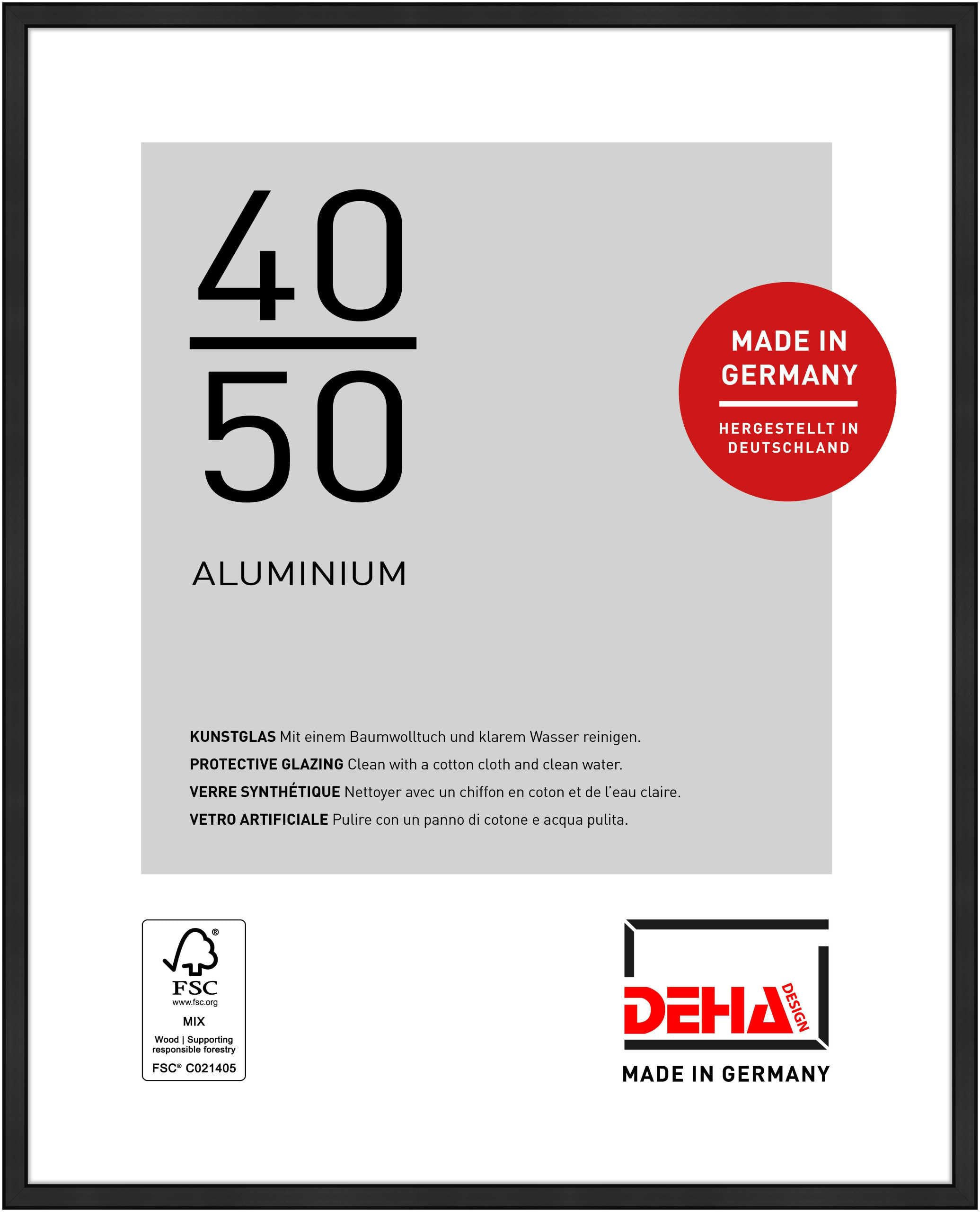 Deha Design Jet Black Matt Boston Aluminium Picture Frame - 40X50 cm – Matt Black - With Synthetic Glass And Push/Turn Clips