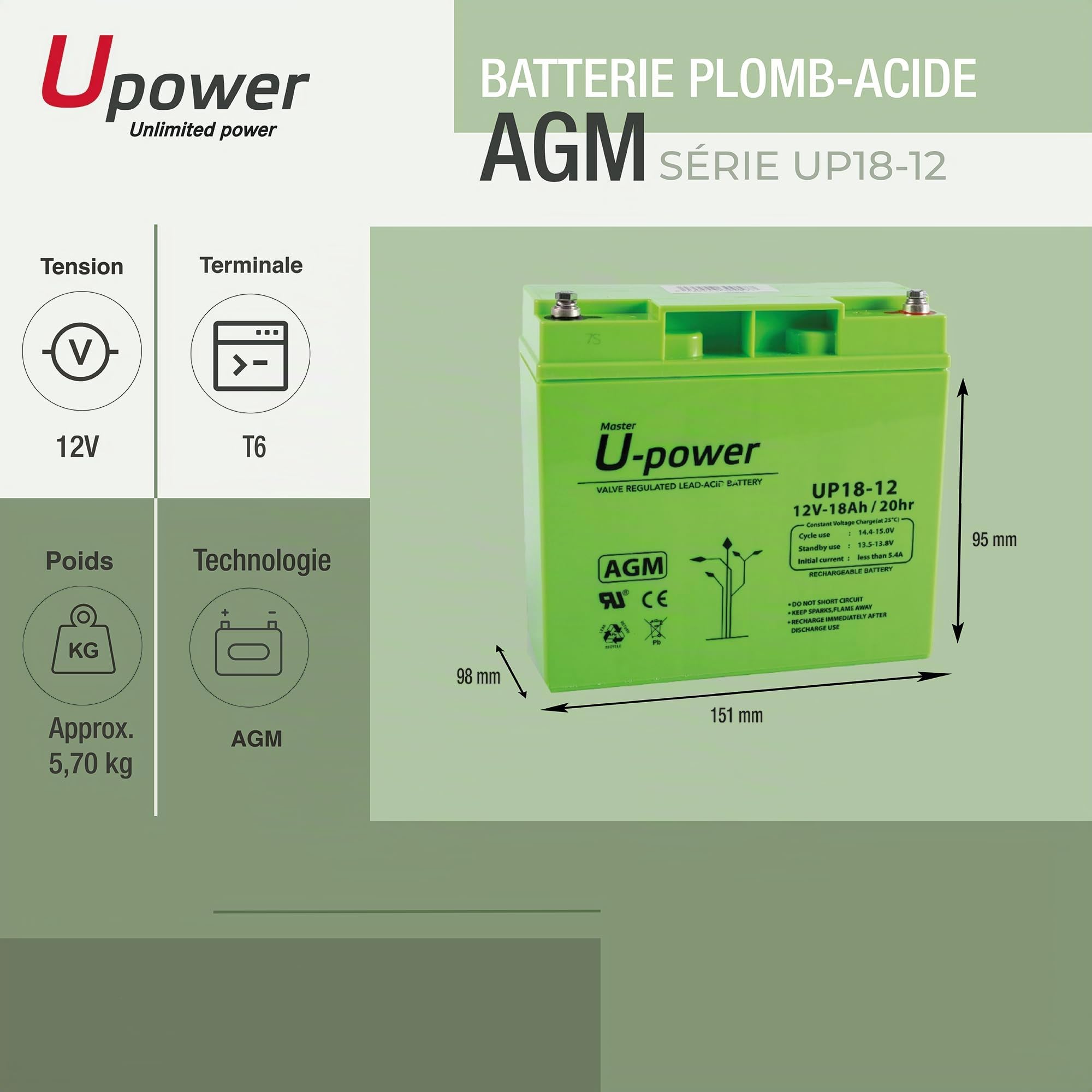 Batería U-Power Plomb AGM 12V 18Ah T6mm (Lot de 2)