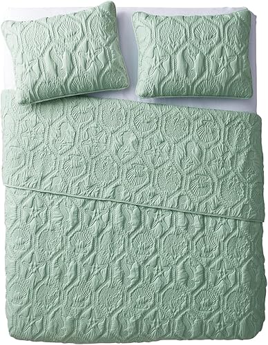 Miniatura 3 de VCNY Home - Juego de colcha de microfibra con diseño costero y de conchas marinas de color verde, acolchado pinsonic, tamaño King, 3 piezas,