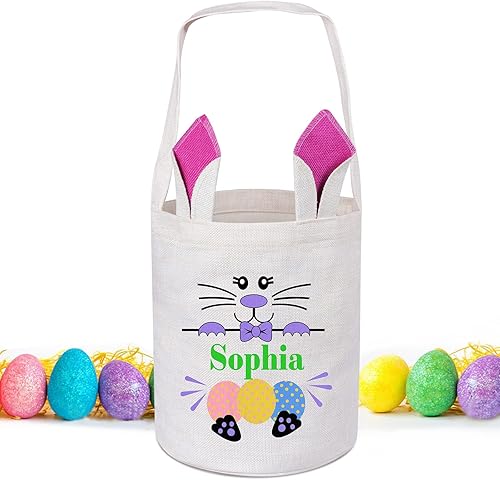 Personalized Easter Baskets for Kids, Custom Easter Basket, Bunny Ear Easter Basket with Handles, Easter Egg Basket