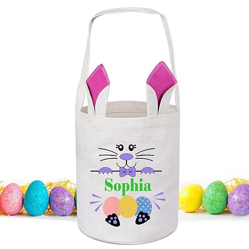 Cestas de Pascua personalizadas para niños y niñas, cestas de Pascua moradas vacías para niños, cesta de conejo de Pascua, cesta de caza de huevos