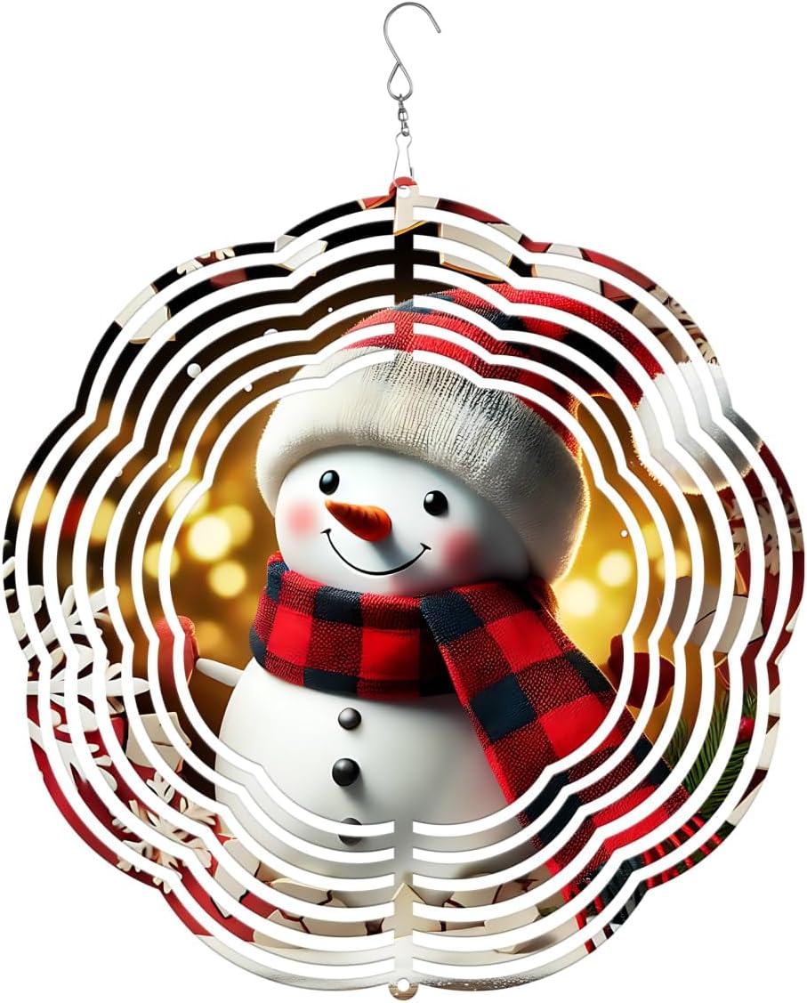 Snowman with Hat and Scraf Christmas Wind Spinners 3D Stainless Steel Laser Cut Metal Double Sided Printing-Hanging Indoor/Outdoor Decorations Yard Gardening Decor,Metal Kinetic Art 16x16 inches