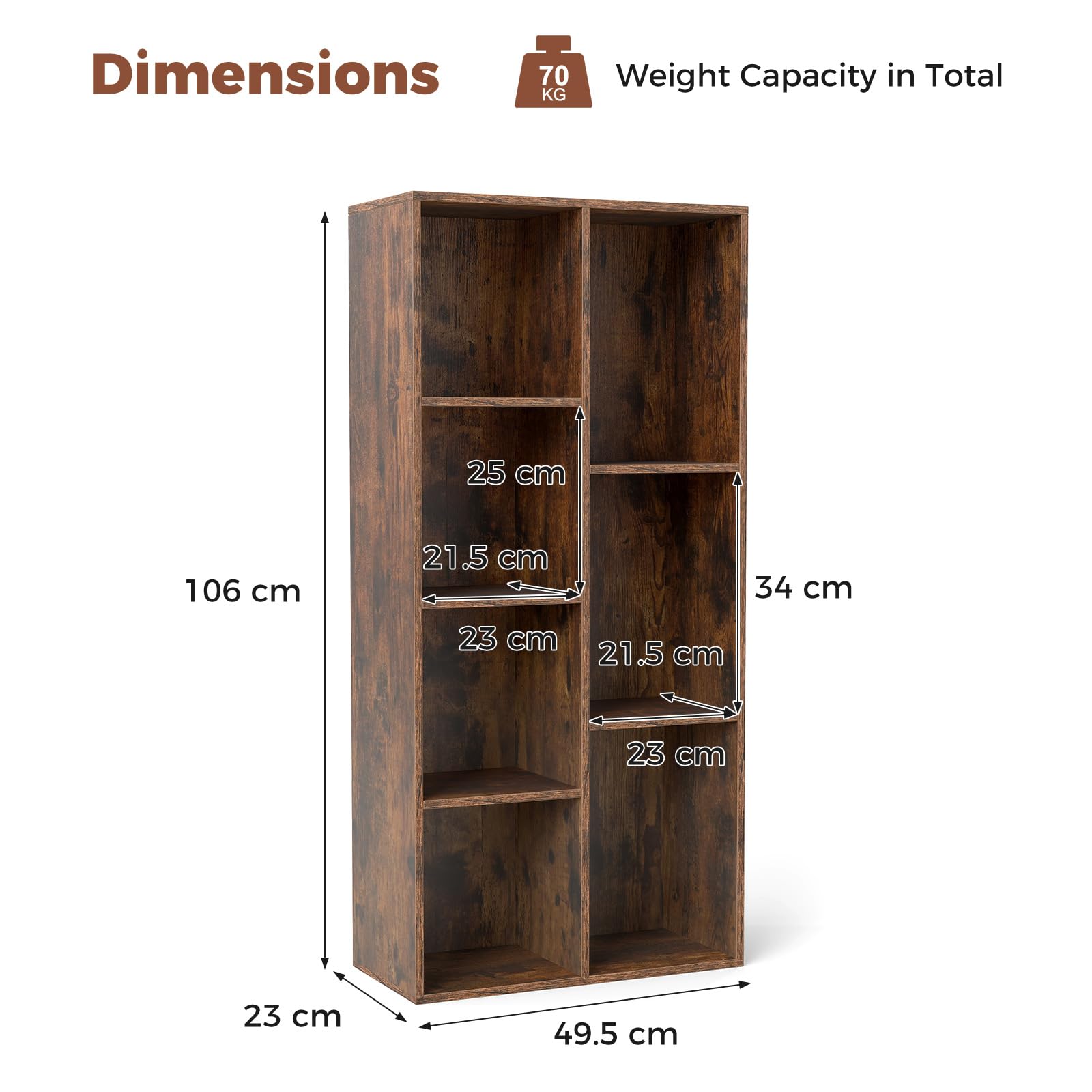 KOMFOTTEU Libreria Verticale con 8 Cubi, Mobile Contenitore in Legno, con 2 Dispositivi Antiribaltamento, Libreria Scaffale per Soggiorno, Camera da Letto, Ufficio, 49,5 x 23 x 106 cm (Marrone)