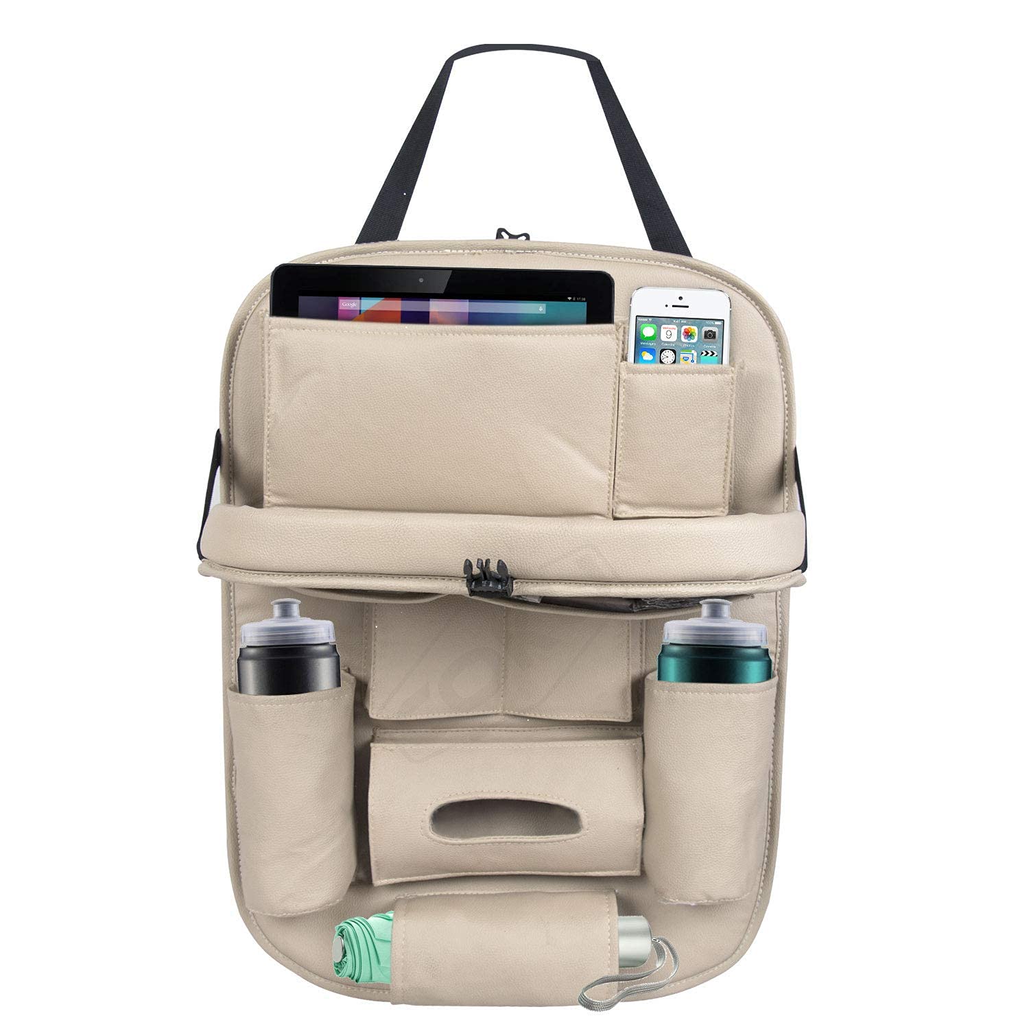 Premium Beige PU Leather Car Backseat Organizer with Foldable Tray | Multi-Pocket Storage for Tablets, Phones, Bottles & Travel Essentials-picture-16